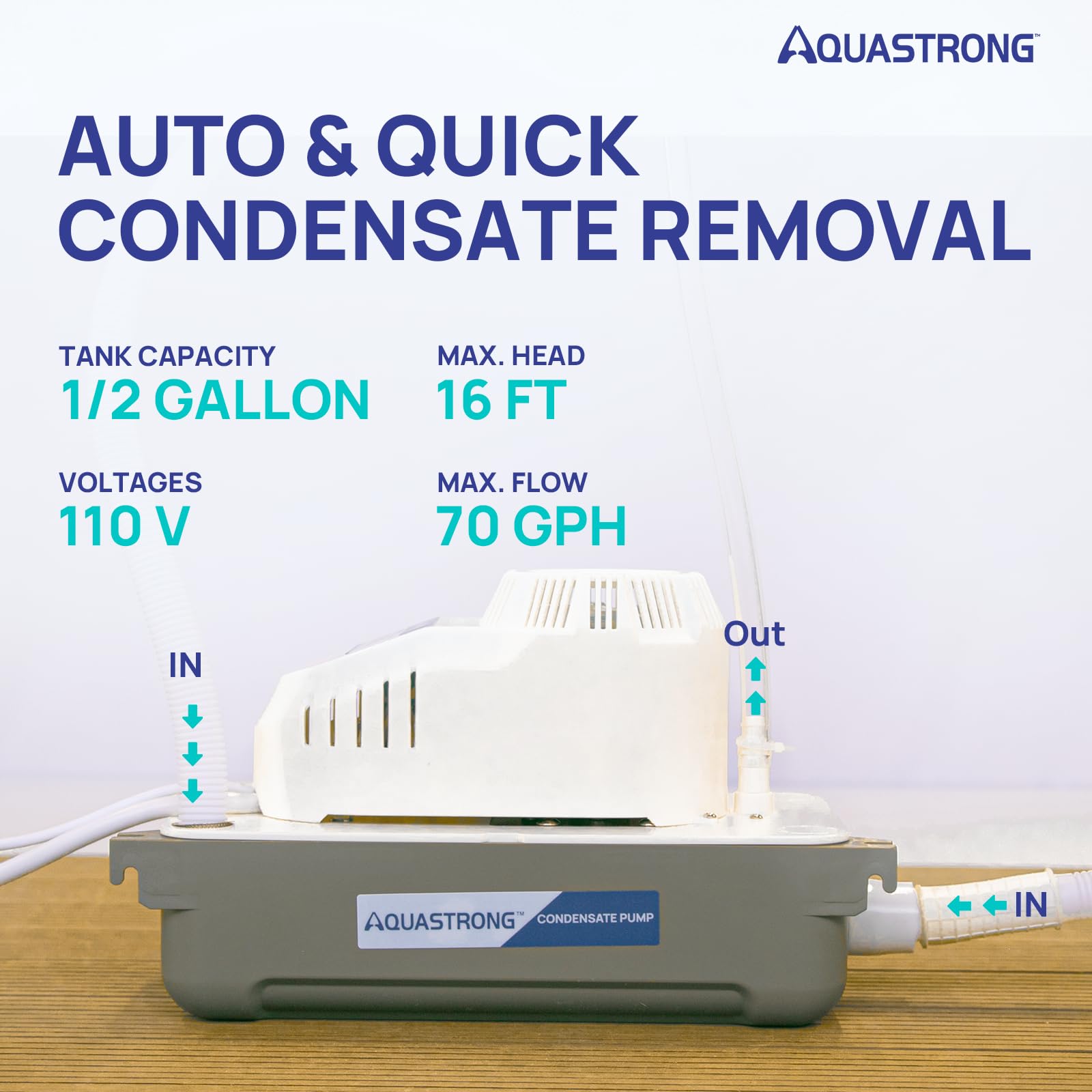 Aquastrong 115V 70 GPH HVAC Condensate Pump with Automatic Safety Switch - AC Condensate Removal Pump for Air Conditioner, Furnace, Dehumidifier - 3.3' Power Cord - Perfect for Home, Office, and Commercial HVAC Systems
