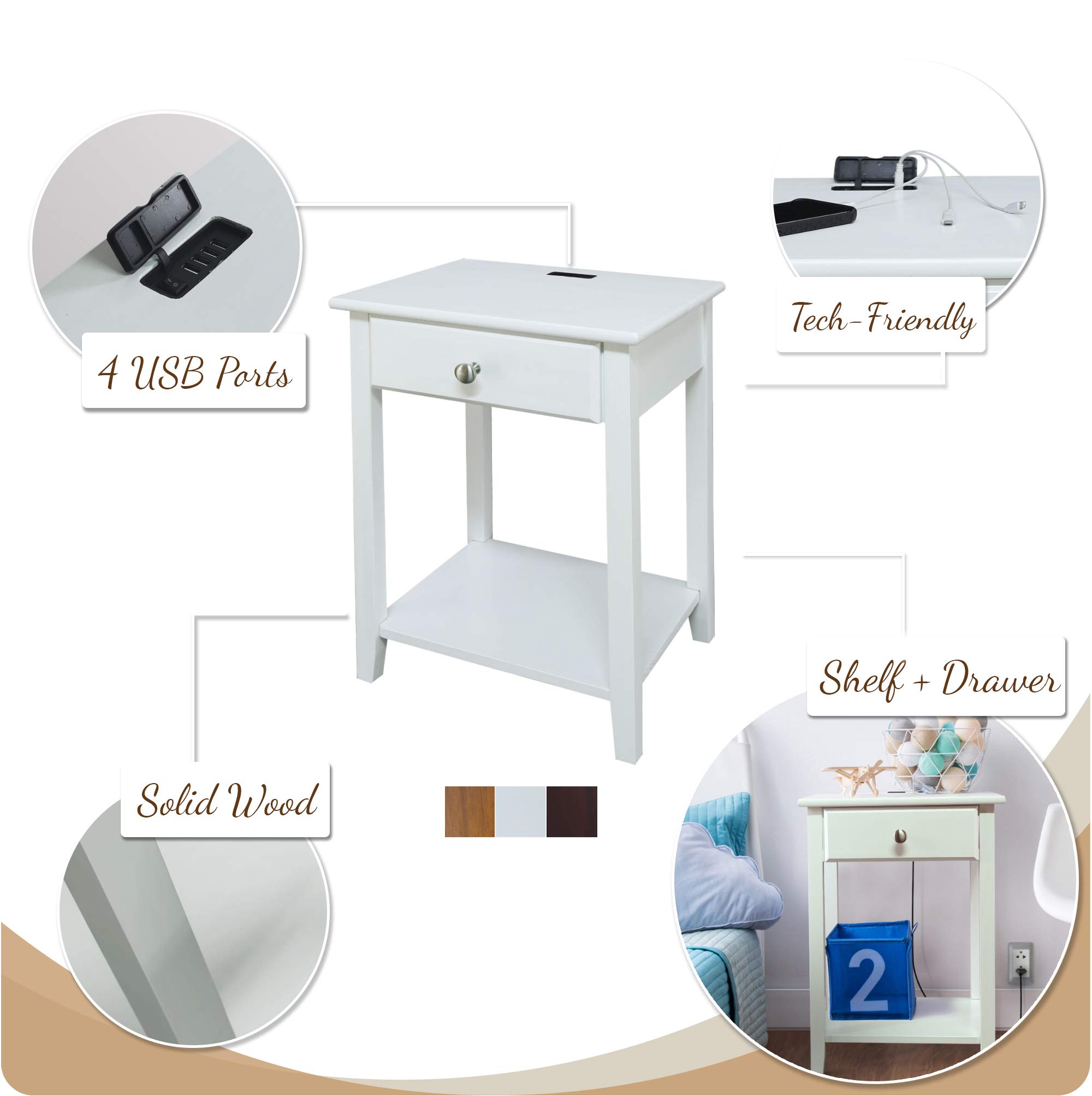 Casual Home Night Owl Nightstand with USB Ports - Warm Brown Wood Bedside Table for Bedroom, Living Room & Office - Charging Station & Storage Solution