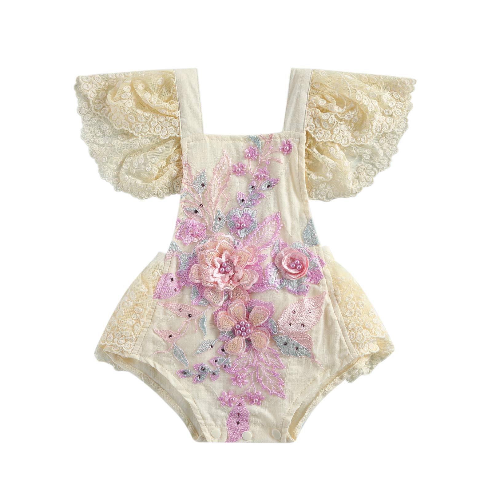 Baby Girls Summer Romper Dress - Lace Tutu Skirt & Ruffle Bodysuit Floral Print Jumpsuit with Backless Overalls & Headbands Set | Perfect for Photoshoots, Parties & Outdoor Play