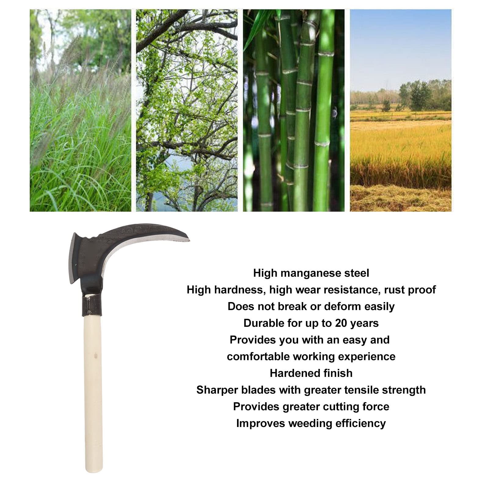 High Manganese Steel Weeding Sickle - Double Edge Gardening Tool with Wooden Handle for Manual Weeding, Lawn Care & Farm Use | Durable Agricultural Tool for Garden Maintenance, Yard Work & Outdoor Landscaping