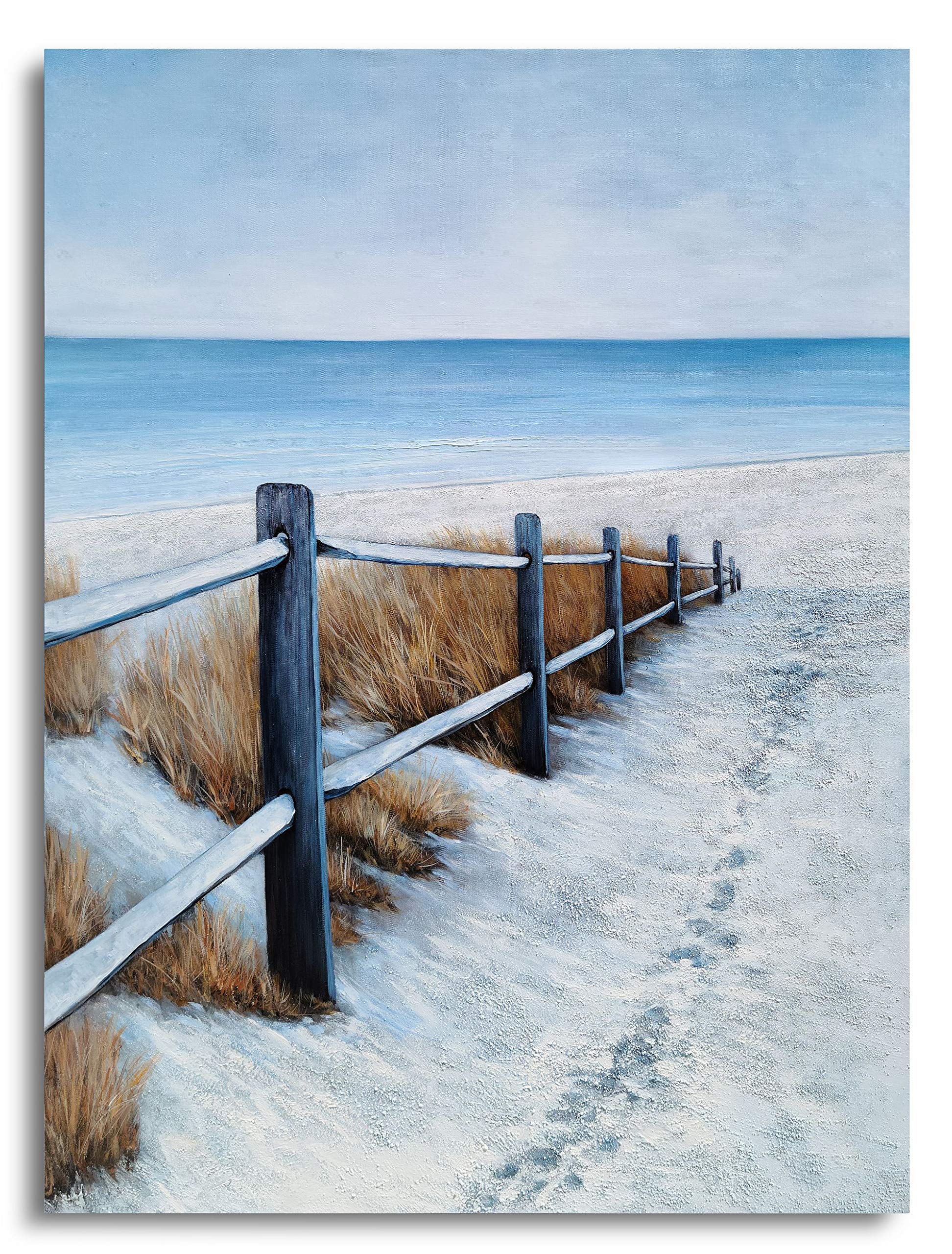 Hand Painted Blue and White Abstract Coastal Canvas Wall Art - Modern Nautical Beach Painting with Fence for Living Room, Bedroom & Bathroom Decor | Perfect for Coastal, Beach House or Ocean Theme Home Styling