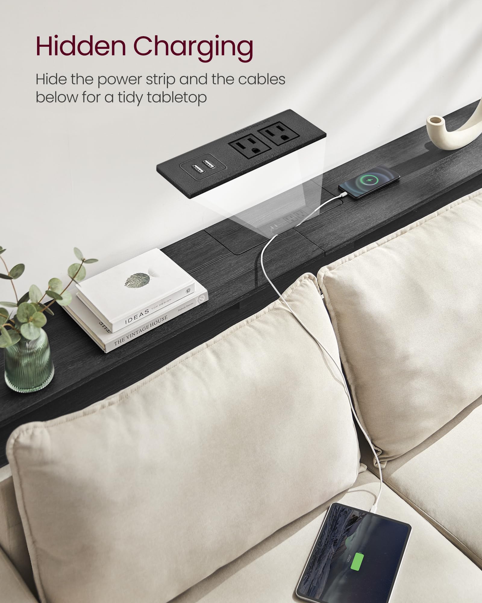 VASAGLE 70.9-Inch Modern Console Table with Built-in USB Outlet & 2 Shelves - Slim Sofa Table with Charging Station, Narrow Entryway Table for Hallway, Living Room - Charcoal Gray & Black ULNT118B22 | Perfect for Small Spaces, Behind Couch, Apartment Decor & Home Office Organization