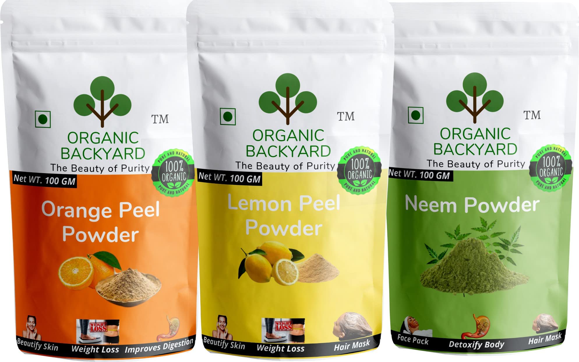 Organic Neem Orange Peel & Lemon Peel Powder Combo - 100% Natural Face Care Treatment (100g Each) for Glowing Skin, Acne Control & Exfoliation - Perfect for DIY Face Masks & Natural Skincare Routines