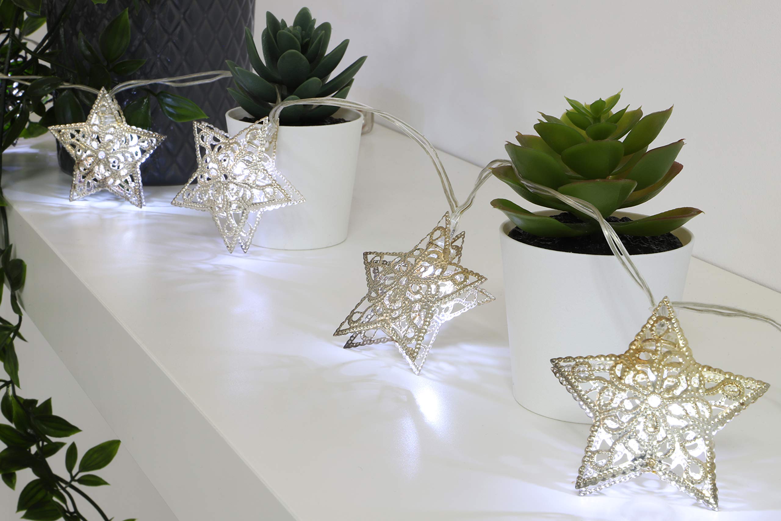 10 Pack Silver Metal Star Shaped Christmas Fairy Lights with Warm White LEDs - Indoor/Outdoor Holiday Decor for Bedroom, Tree, Window, Party & Home Decoration