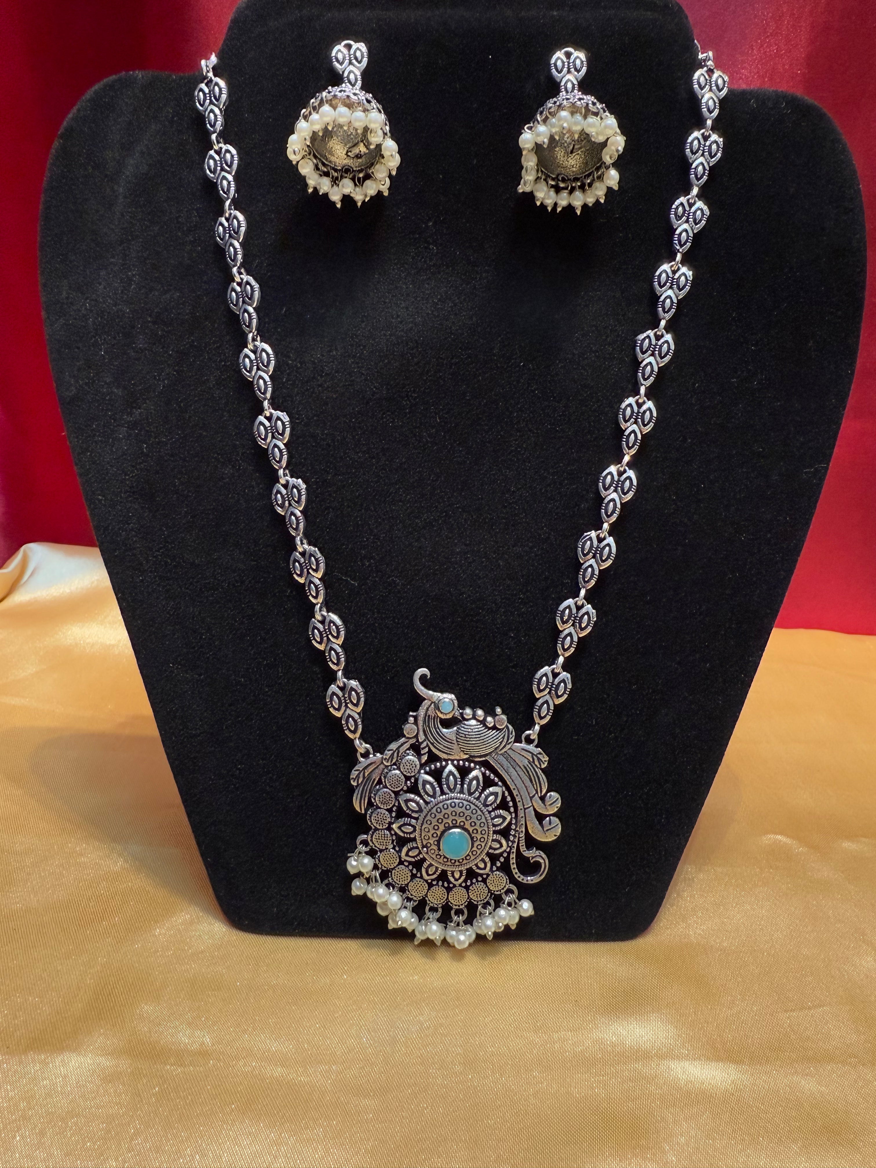 Elegant Sky Blue Peacock Design Oxidized Necklace with White Beads & Jhumka - Perfect for Weddings, Parties & Boho Fashion Accessories