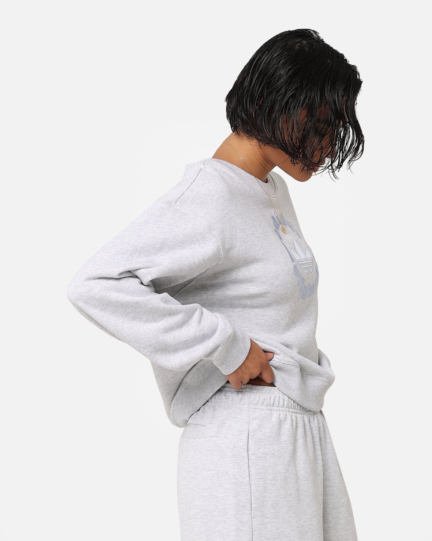 Adidas Women's Light Grey Fleece Sweatshirt - Soft Casual Pullover for Workout, Lounge & Everyday Wear