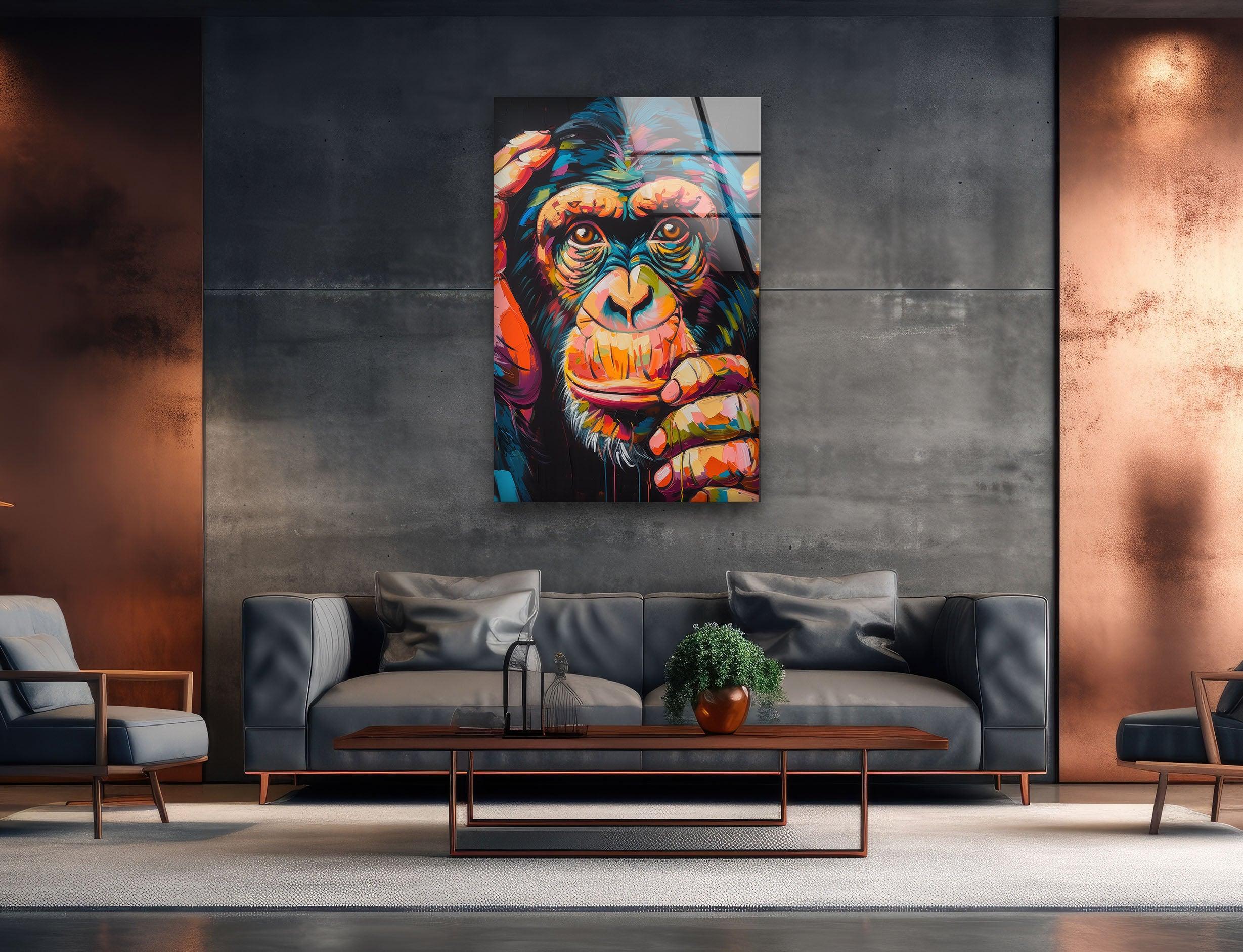 Vibrant Chimpanzee Glass Wall Art - Handmade Modern Home Decor for Living Room, Bedroom & Office - Unique Animal Themed Wall Hangings for Jungle & Safari Decor