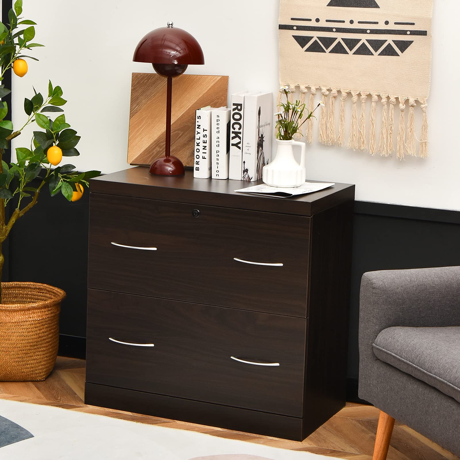 Giantex 2-Drawer Lateral File Cabinet with Lock - Heavy Duty Metal Storage Cabinet for Home & Office - Organize Documents, Books, Photos | Perfect for Office, Library, and Home Decor (Brown)