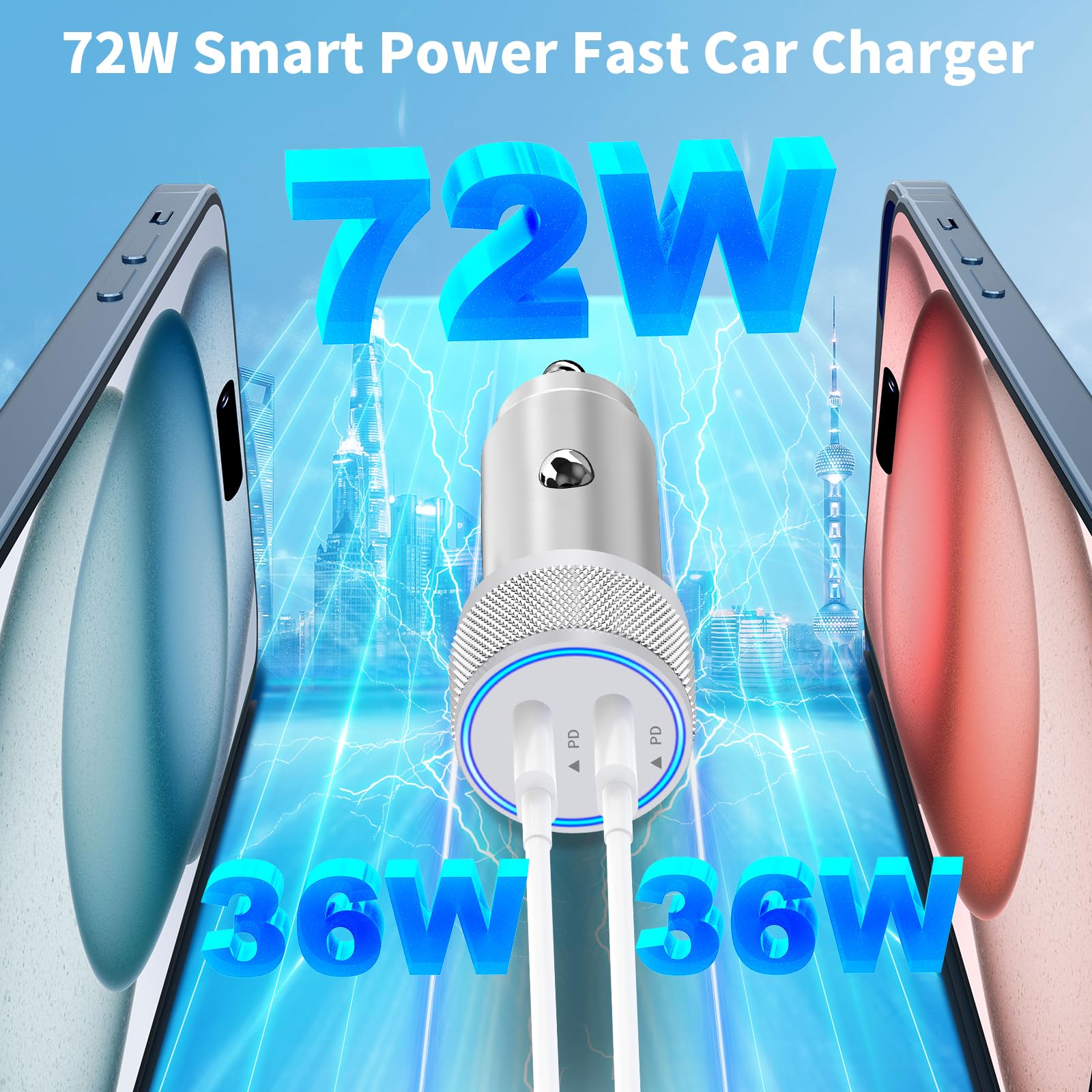 Apple MFi Certified 72W Dual USB-C Car Charger Fast Charging for iPhone 16 Pro Max/16 Pro/15/14/13/12 - Includes Type C & Lightning Cables - Perfect for Road Trips & Daily Commute