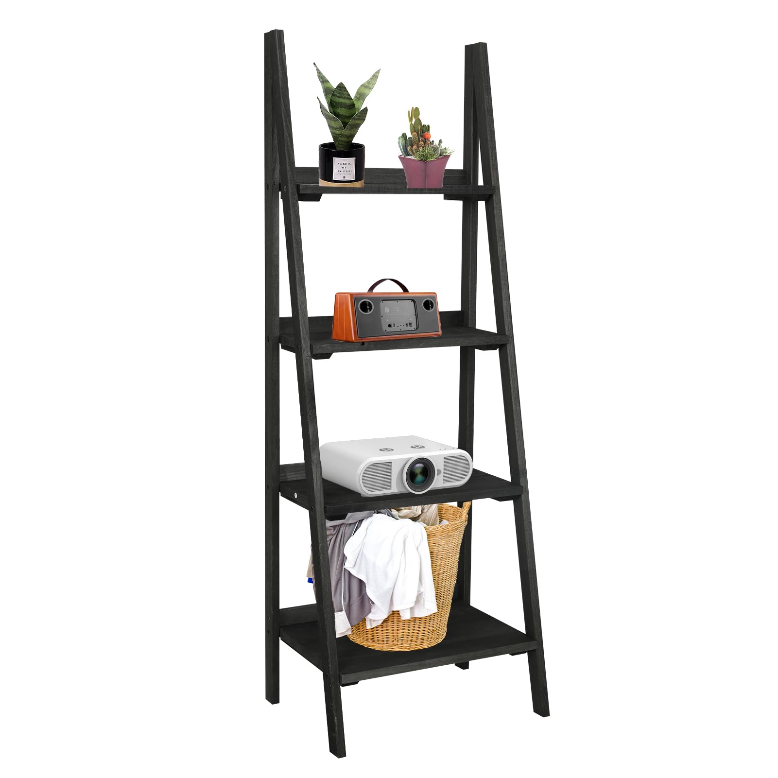 Babion 4-Tier Industrial Ladder Shelf - Sturdy Wooden Leaning Bookcase with Stable Frame | Multi-Purpose Storage Rack for Books, Plants & Decor | Perfect for Home, Bedroom, Kitchen & Office Organization