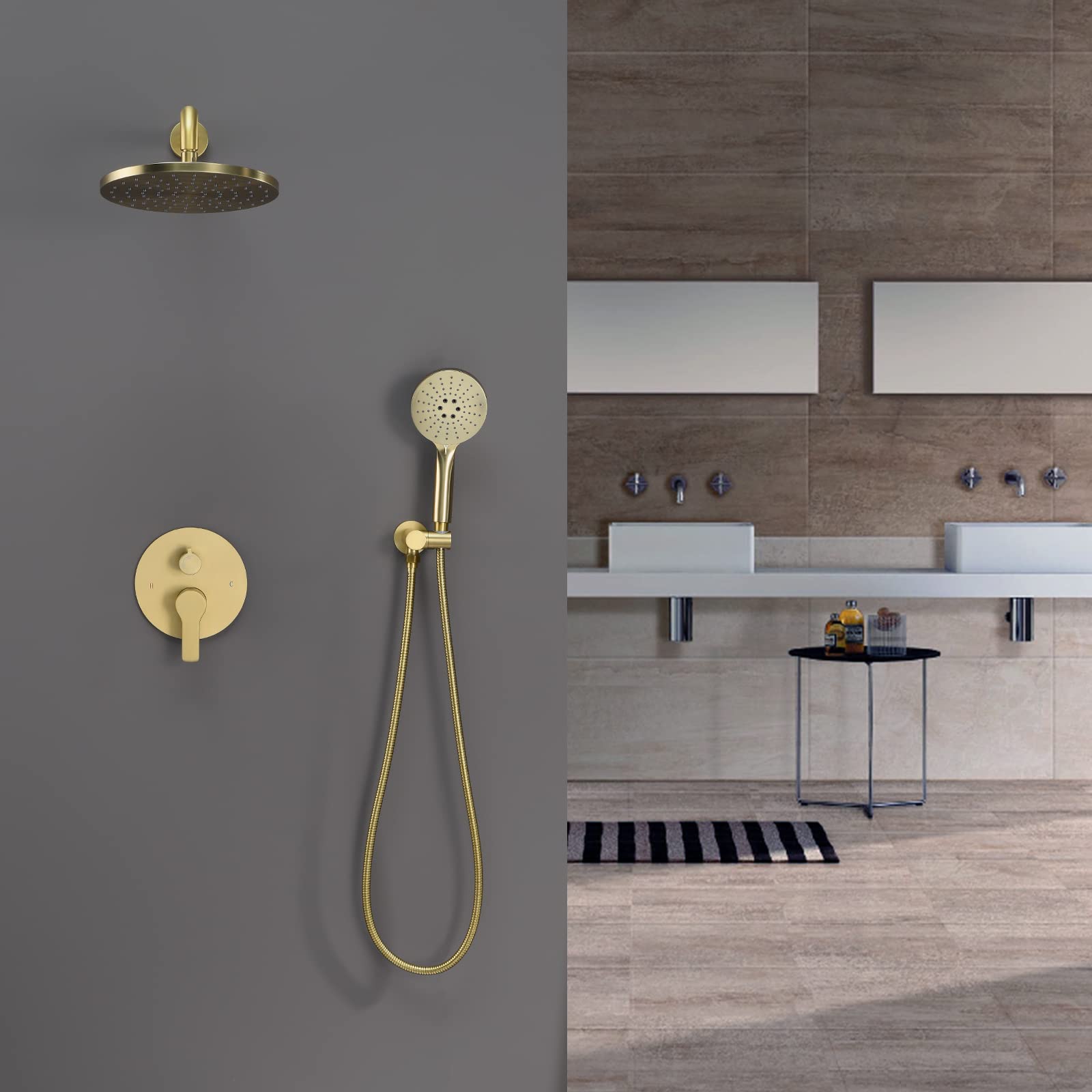 Luxury Wall Mounted Shower System with High Pressure Rainfall Shower Head & 3-Setting Handheld Spray - Brushed Gold Bathroom Faucet Mixer Set with Pressure Balance Valve - Perfect for Master Bathroom, Spa-Like Shower Experience