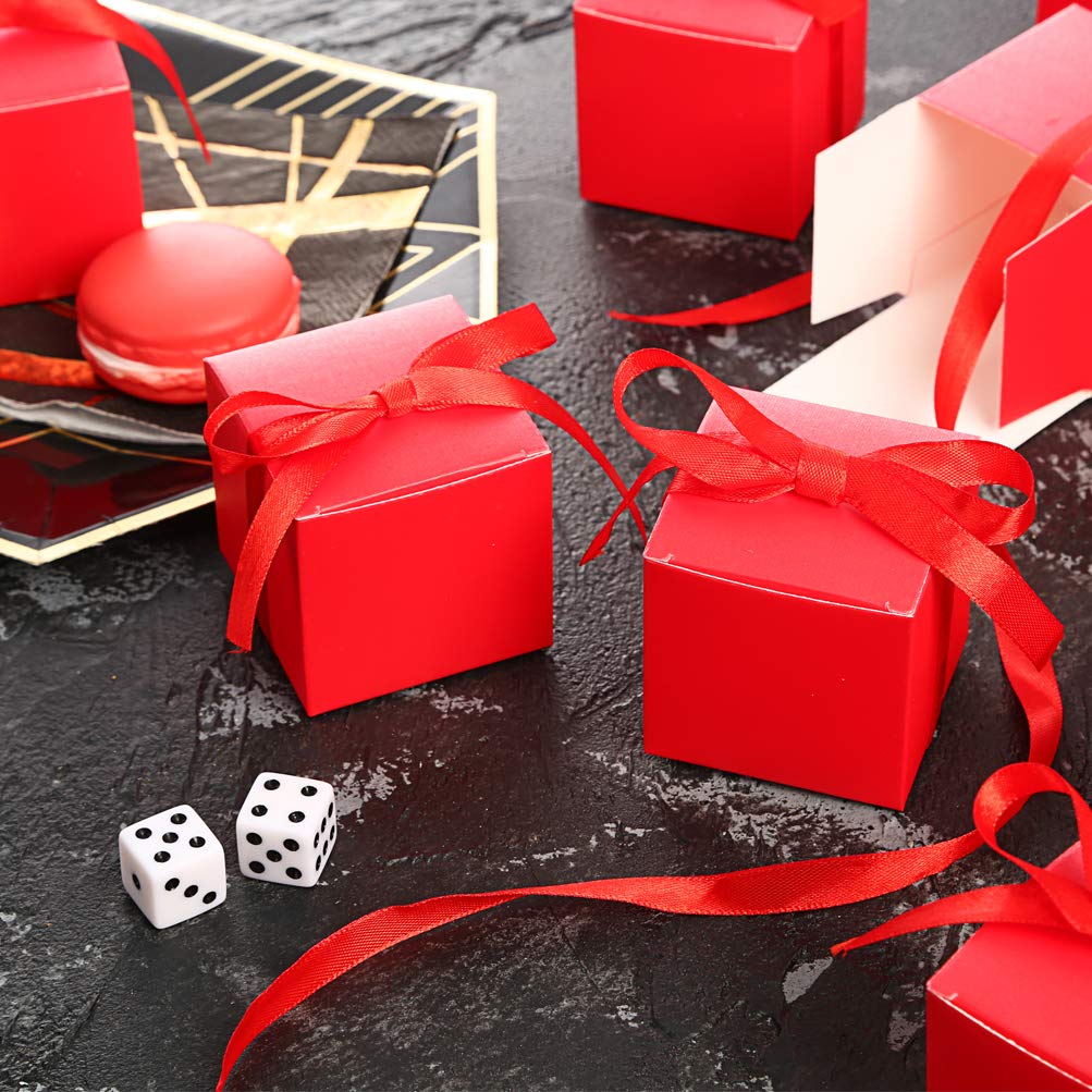 Premium Red Gift Candy Boxes Bulk - 2x2x2 Inches with Elegant Red Ribbon - Pack of 50 - Perfect for Wedding Favors, Birthday Parties & Holiday Gifts