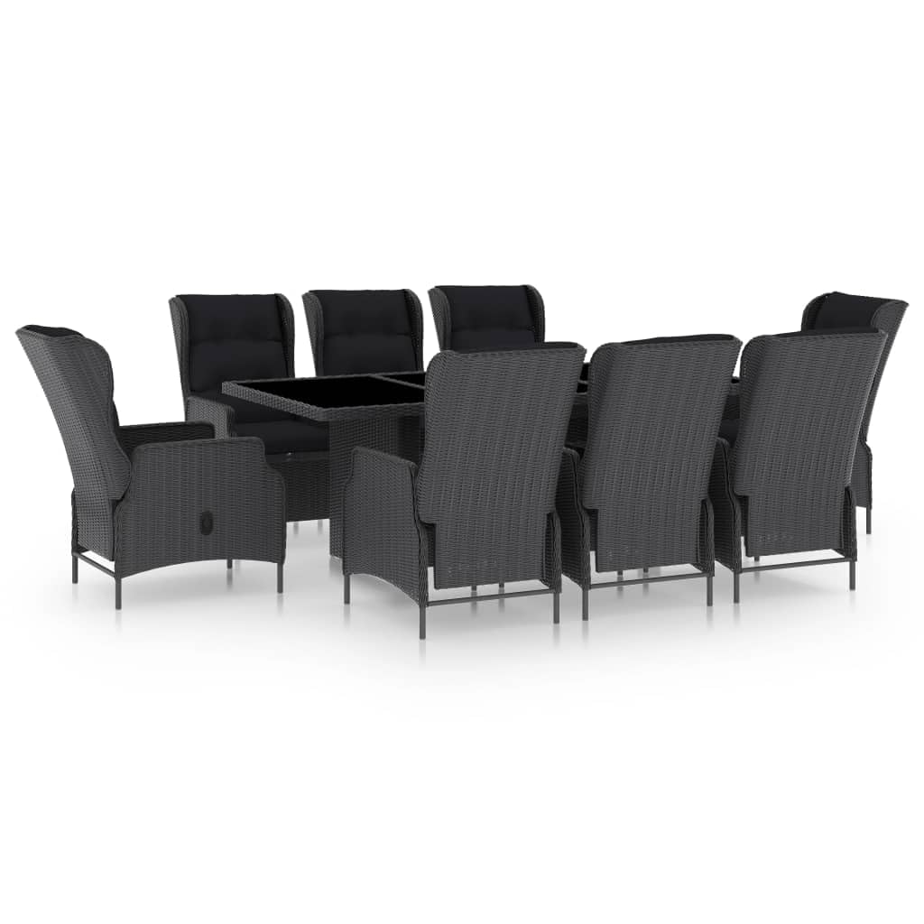 vidaXL 9-Piece Outdoor Patio Dining Set - Durable Poly Rattan Furniture with Reclining Chairs & Tempered Glass Tabletop - Black Cushions - Perfect for Garden, Backyard, and Poolside Entertaining