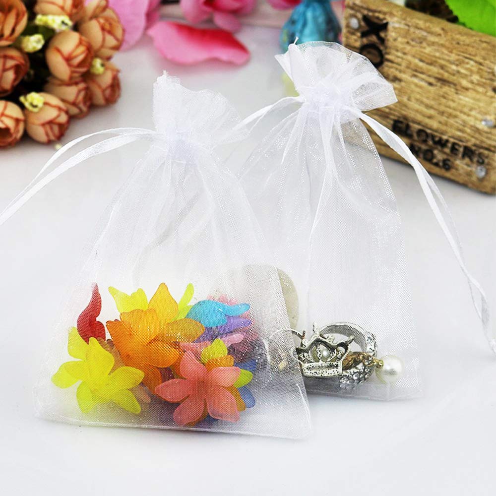 Stratalife 50PCS White 5X7 Organza Drawstring Bags - Small Mesh Jewelry Favor Bags for Wedding, Party, Candy & Gift Wrapping - Perfect for Bridal Showers, Baby Showers & DIY Crafts