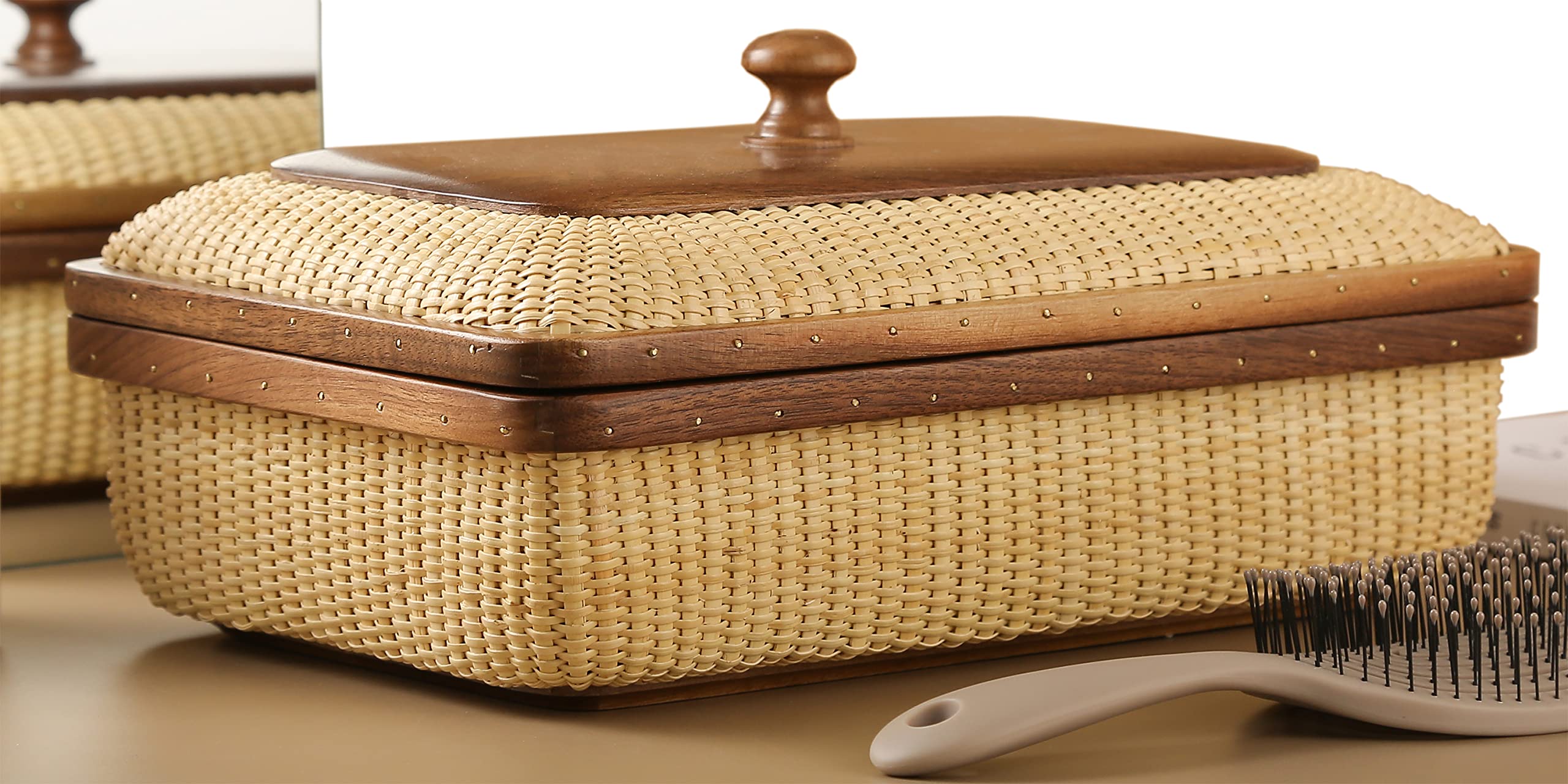 Handmade Nantucket Basket with Lid - Rectangular Cane Woven Storage Container for Home Organization | Decorative Shelf Baskets for Living Room, Bedroom & Bathroom Storage