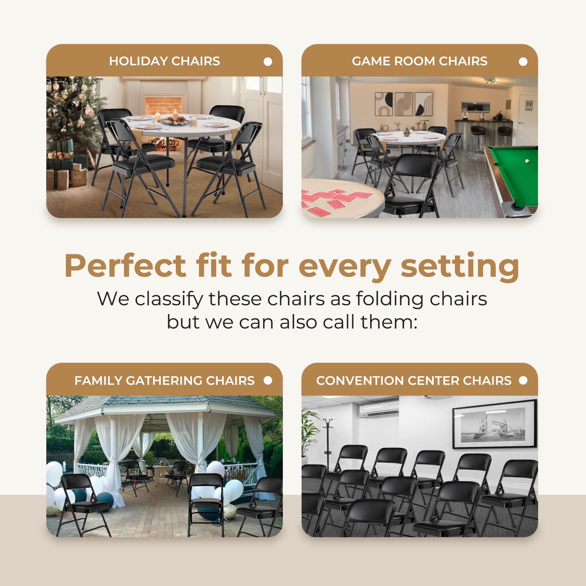 OEF Furnishings (4 Pack) Premium Vinyl Padded Folding Chairs - Heavy Duty Stackable Chairs for Home, Office, Wedding, Party & Events - Comfortable Black Seating Solution