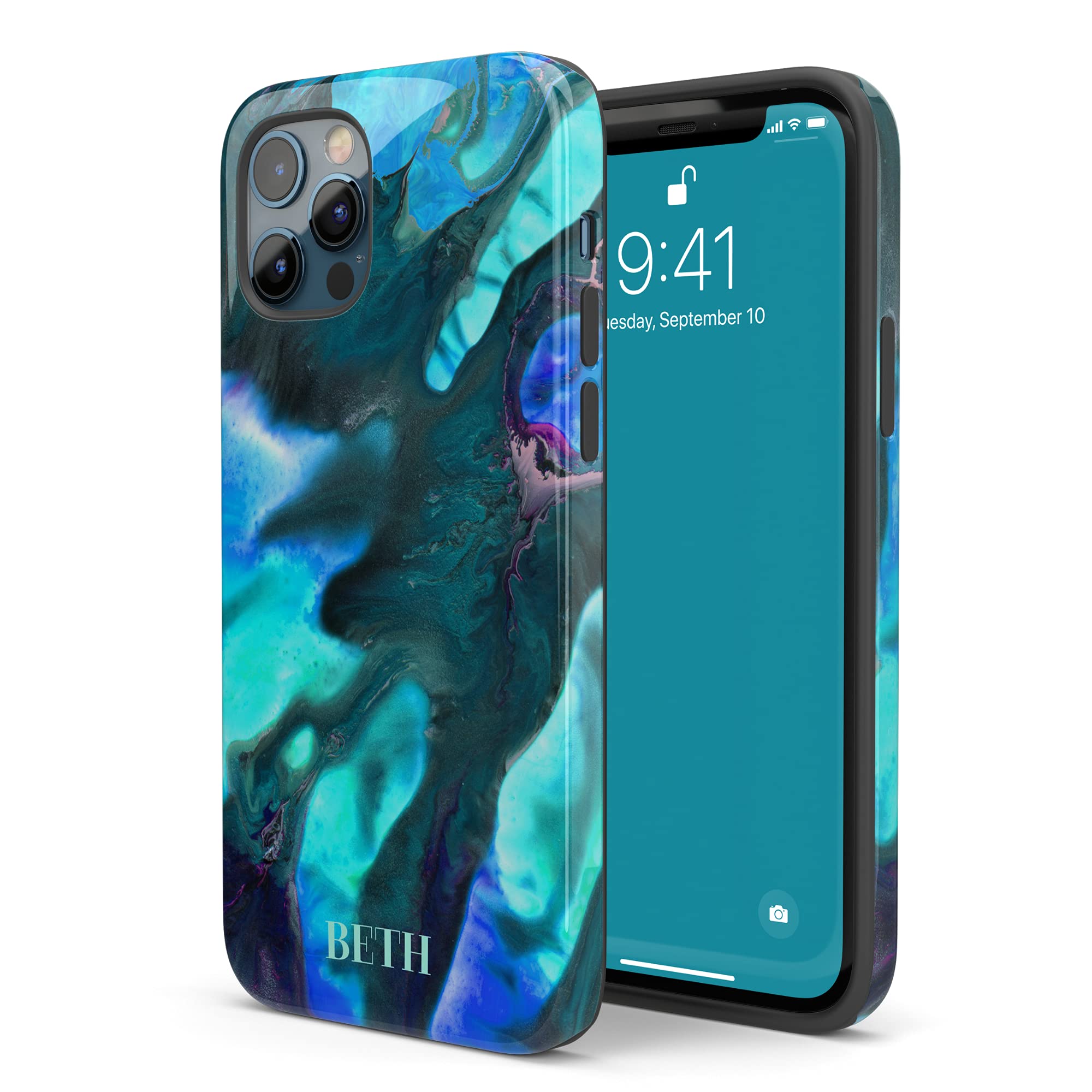 Custom Name Blue Opal Abstract Marble iPhone Case - Personalized for iPhone 16 Plus, 15 Pro Max, 14, 13 Mini, 12, 11, X/XS Max, XR, 7/8 - Trendy Protective Cover for Daily Use, Work & Travel
