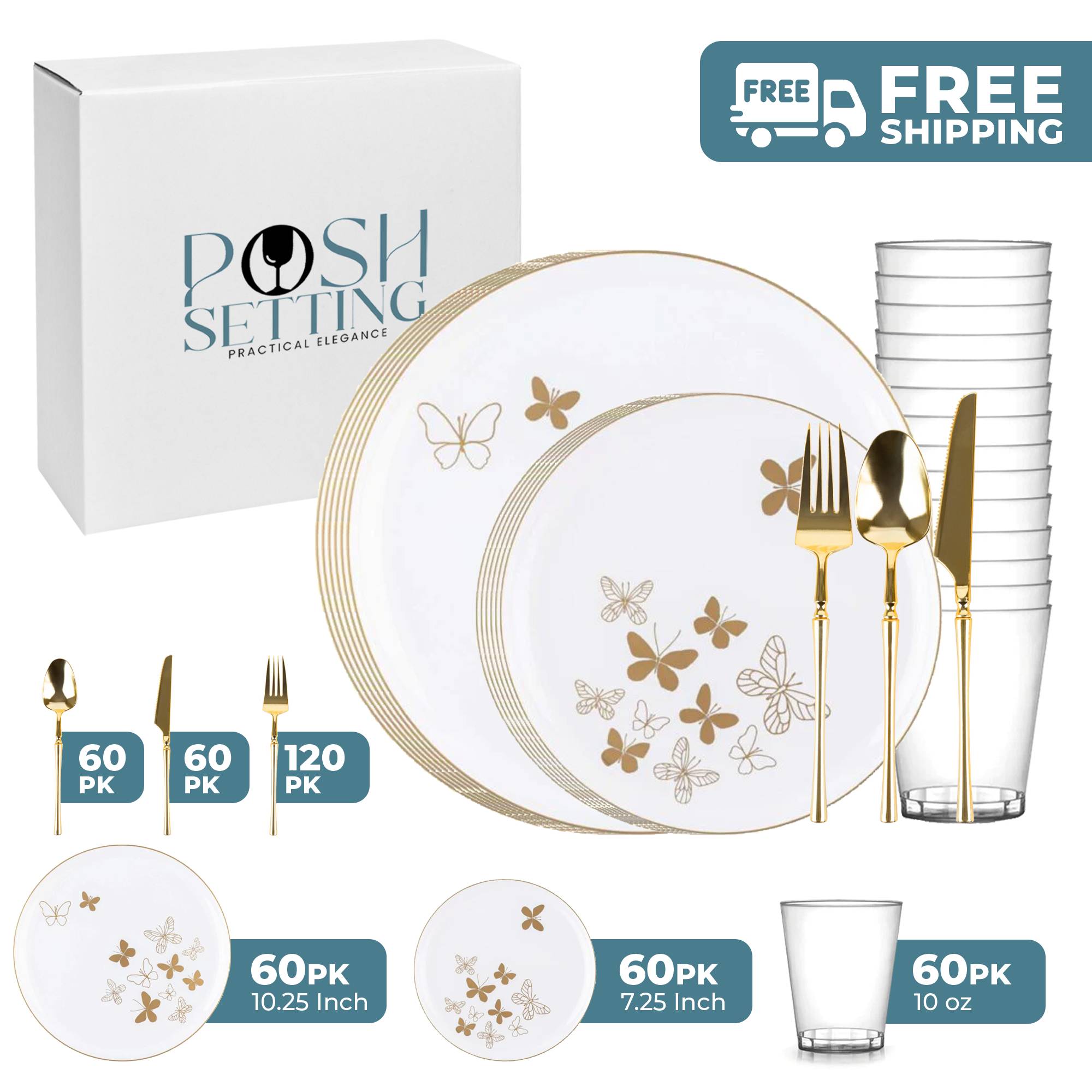 White and Gold Plastic Party Bundle with Butterflies - Perfect for Birthday, Wedding, Baby Shower Decorations