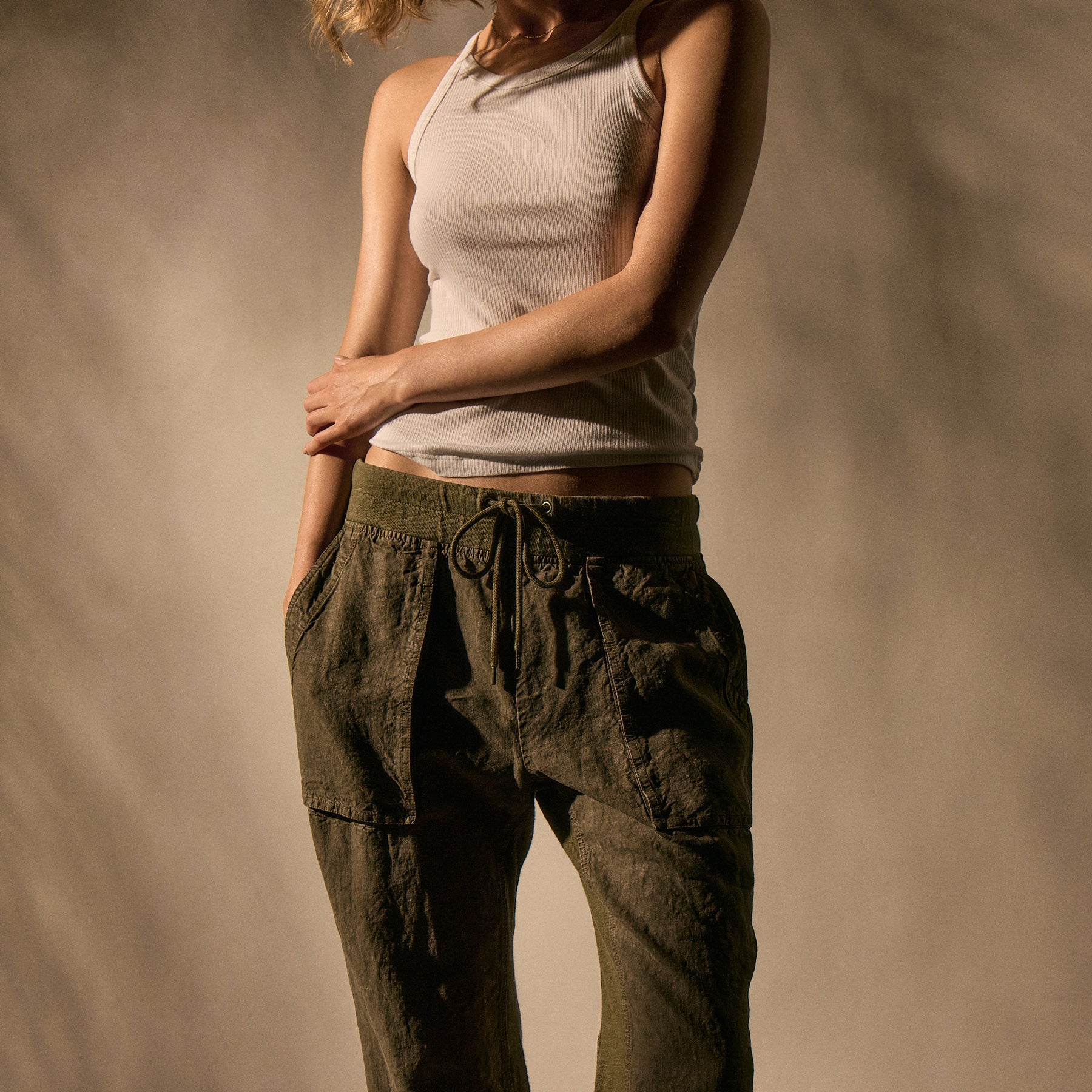 Stylish Linen Mixed Media Pants in Army Green - Comfortable & Trendy for Casual Wear, Travel, and Summer Outfits