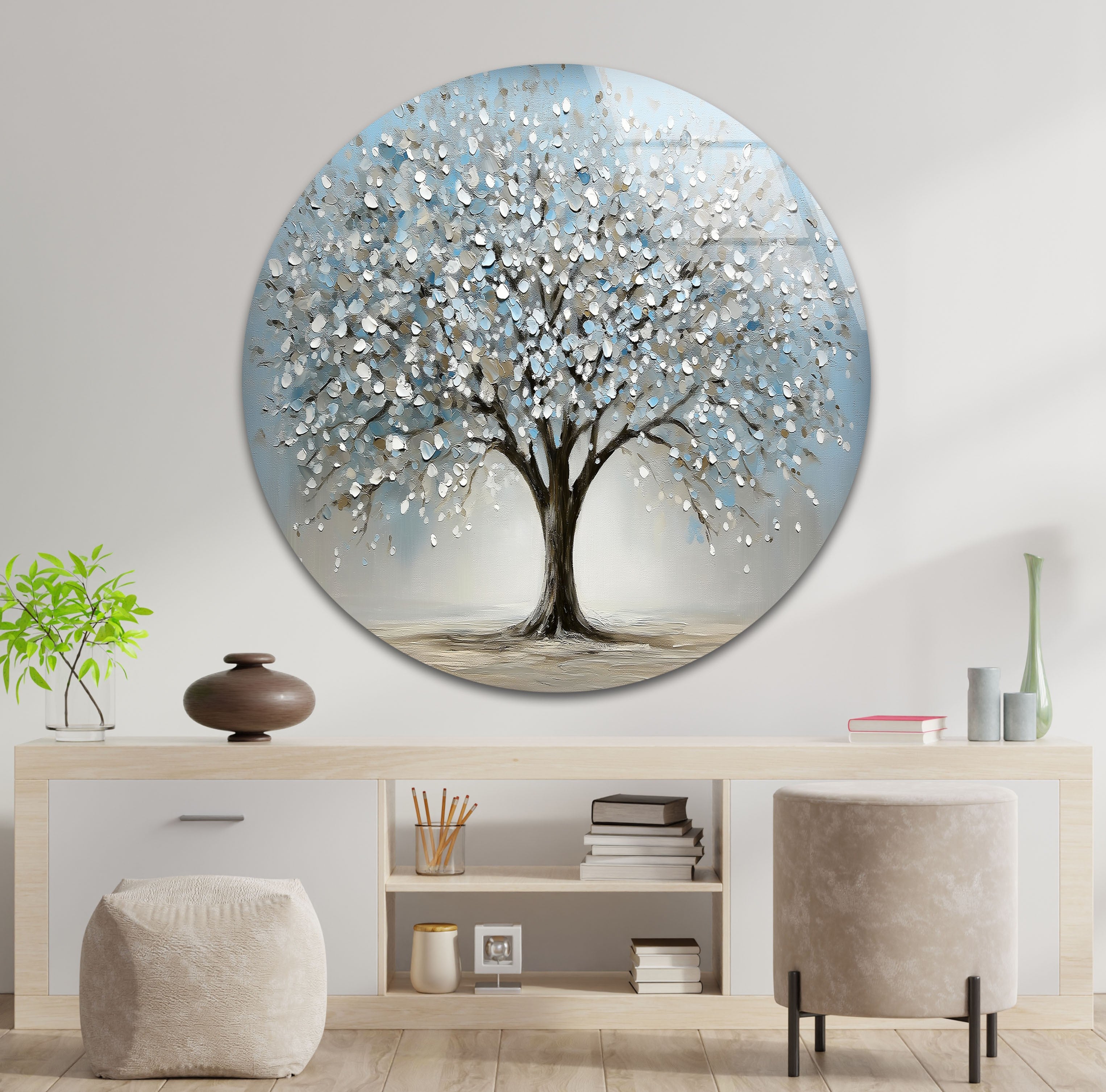 Blossoming Serenity Tree - Modern Textured Glass Wall Art Decor for Living Room, Bedroom & Office | Nature-Inspired Home Decor