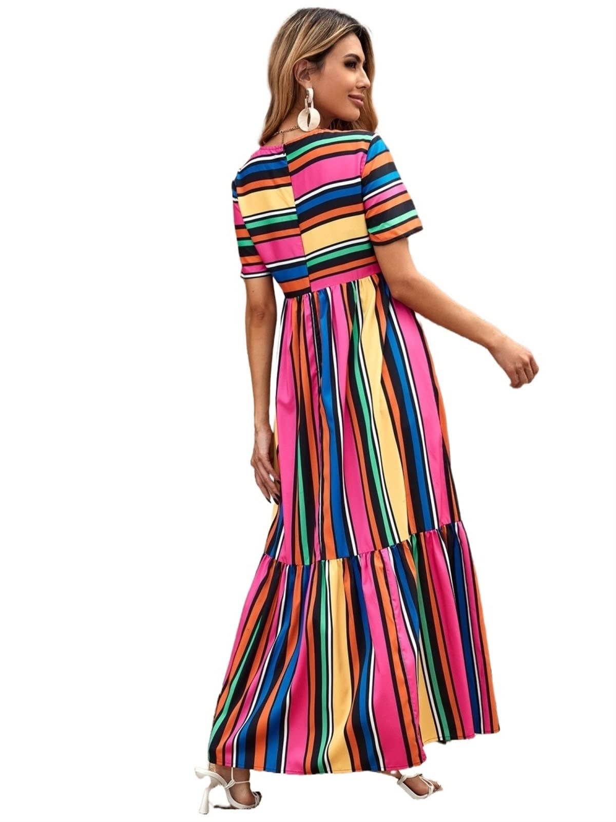 Women's Summer Striped Ruffle Short Sleeve Dress - Casual Flowy Hem Sundress for Beach, Vacation & Outdoor Activities