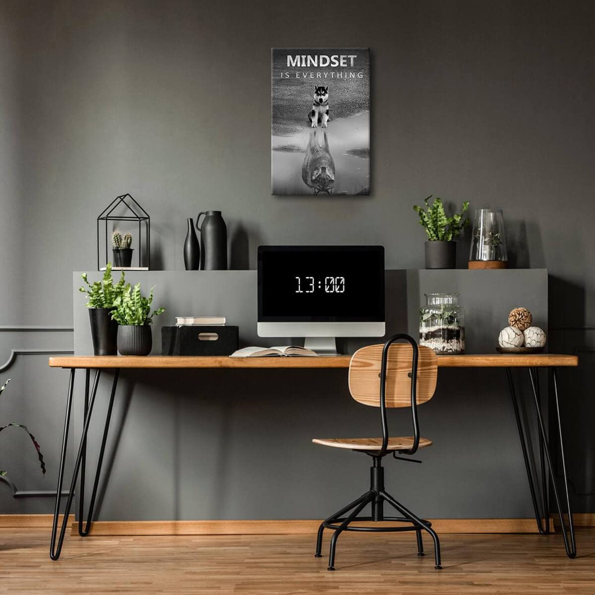 Modern Motivational Wall Art Canvas - Mindset is Everything Inspirational Office & Bedroom Decor (16x24 Inch Framed Black & White Wolf Motto Artwork) - Perfect for Home, Office & Gifts