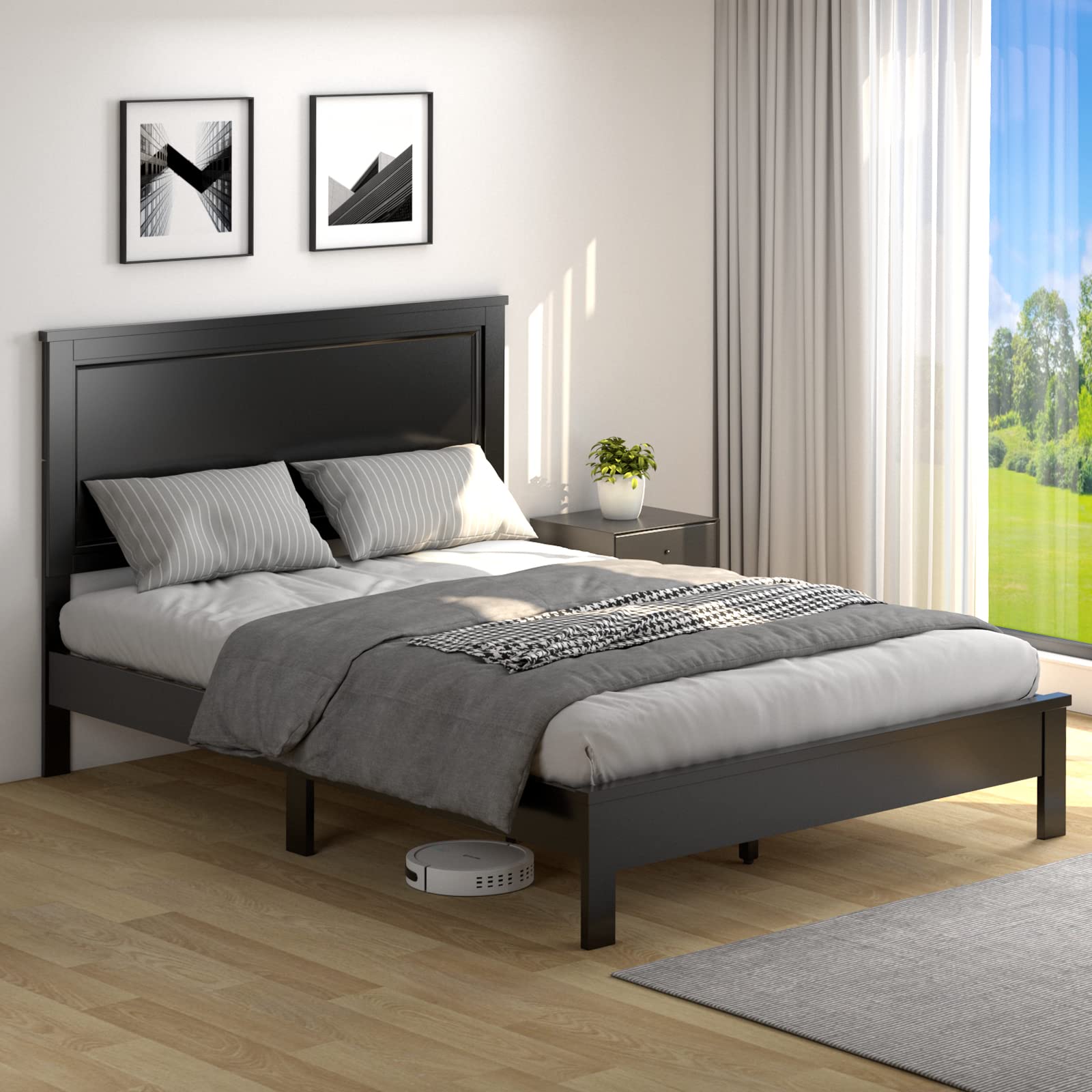 Giantex Queen Size Wooden Platform Bed Frame with Headboard - Mid Century Modern Solid Wood Legs & Wooden Slat Support - Easy Assembly 500 lbs Weight Capacity - Black Bed Frame for Bedroom, Guest Room, Dorm