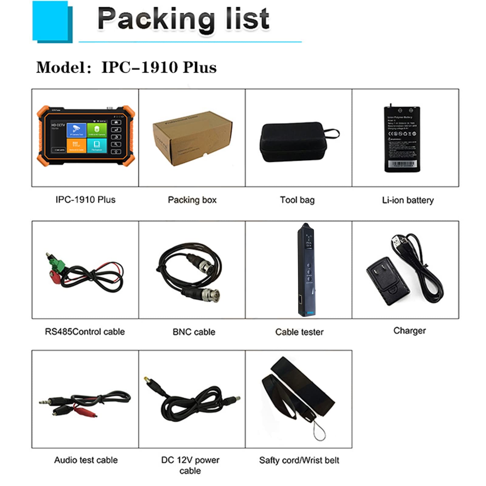 IPC-1910 Plus 4 Inch Touch Screen IP Camera Tester - 8K/4K/8MP Resolution, Supports H.265, POE, PTZ, WiFi & RS485 - Compatible with Coax, AHD, CVI, TVI Cameras - Ideal for CCTV Installation, Security System Testing & Camera Maintenance