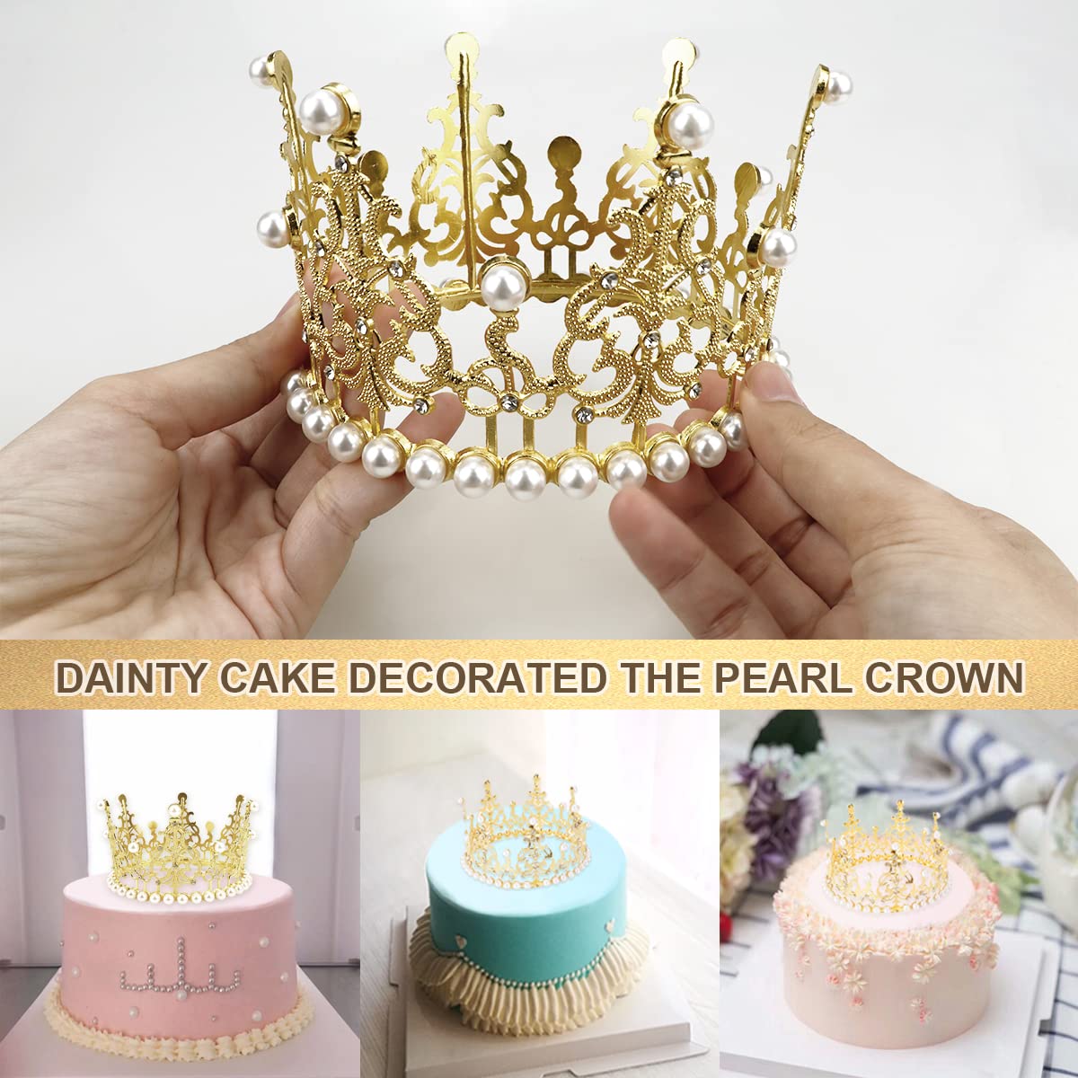 Elegant Gold Crown Cake Topper with Rhinestones & Pearls - Wedding, Birthday, Prince Themed Baby Shower Party Decorations - Perfect for Royal Celebrations, Princess Parties & Special Occasions