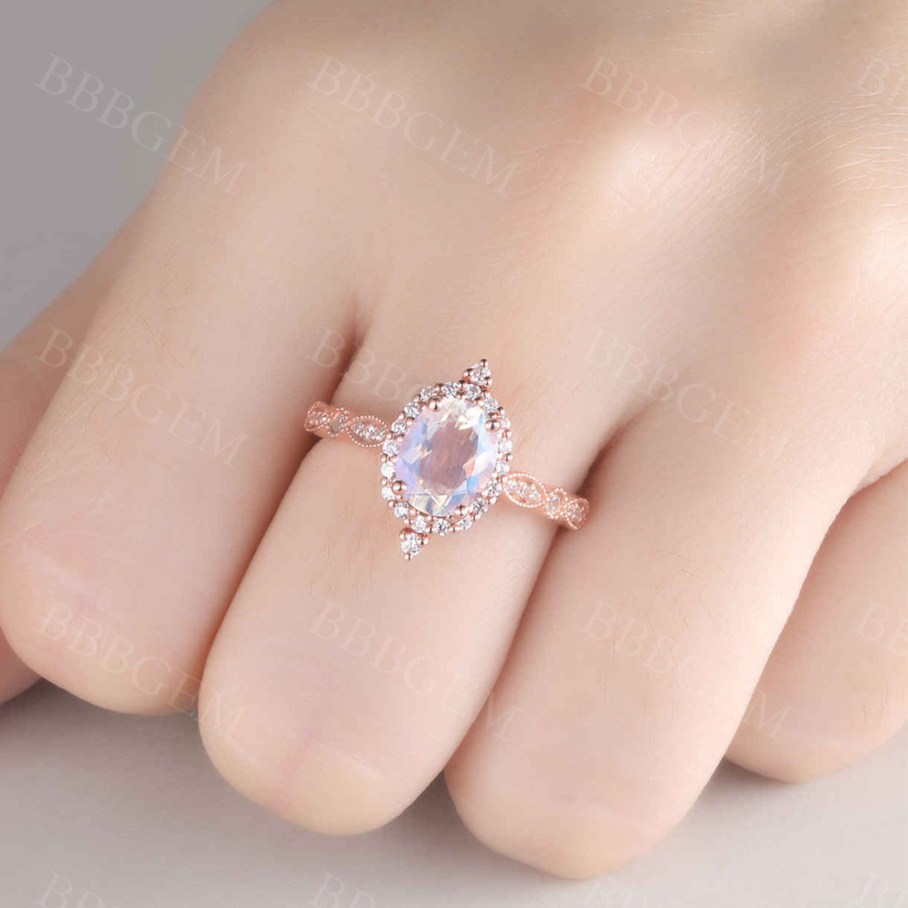 Vintage Rose Gold Moonstone Engagement Ring with Floral Halo Diamond - Elegant Bridal Promise Ring for Wedding, Proposal & Anniversary Gifts