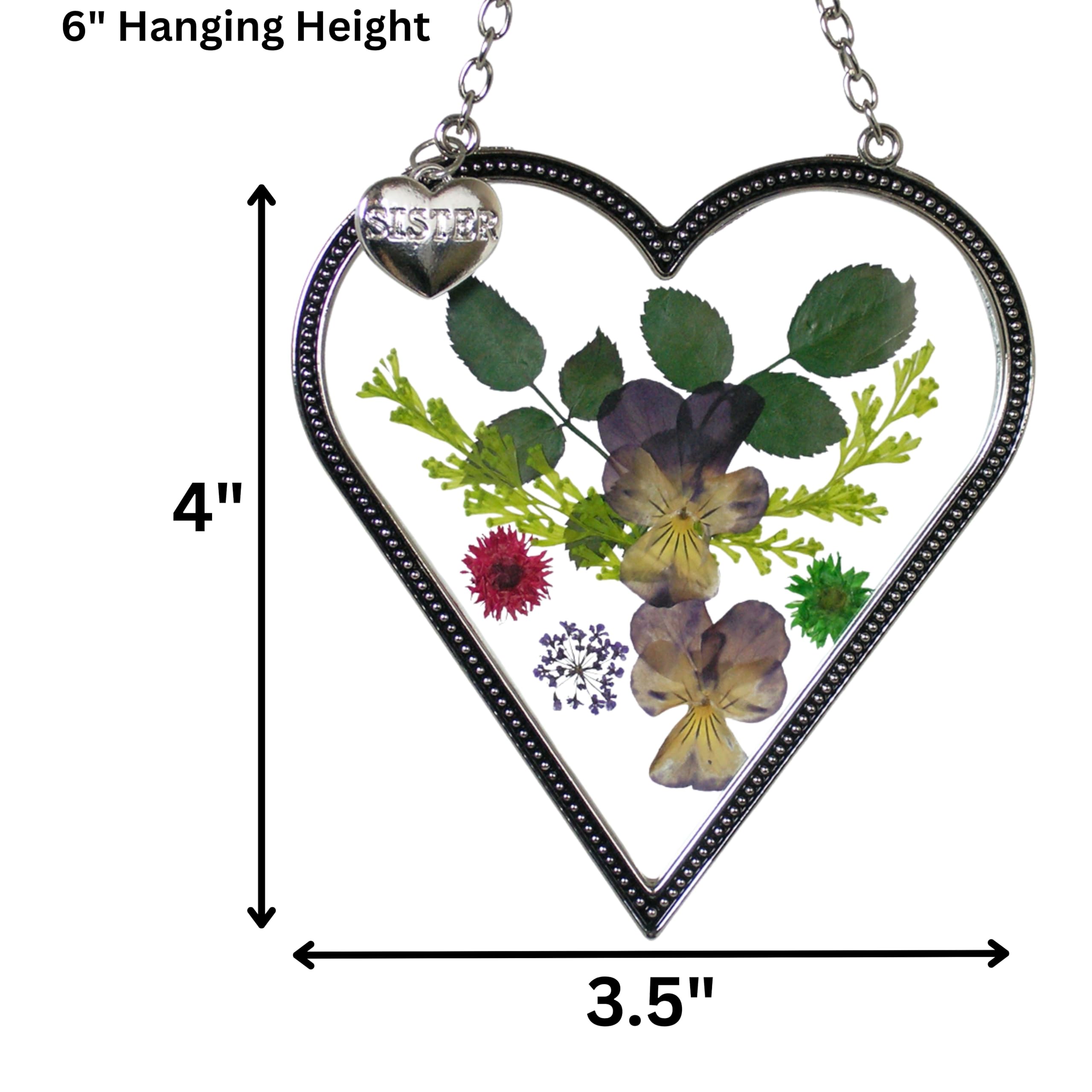 Sister Suncatcher Gift - Heart Glass with Pressed Flowers - 4 Inch - Perfect for Sister's Birthday & Home Decor