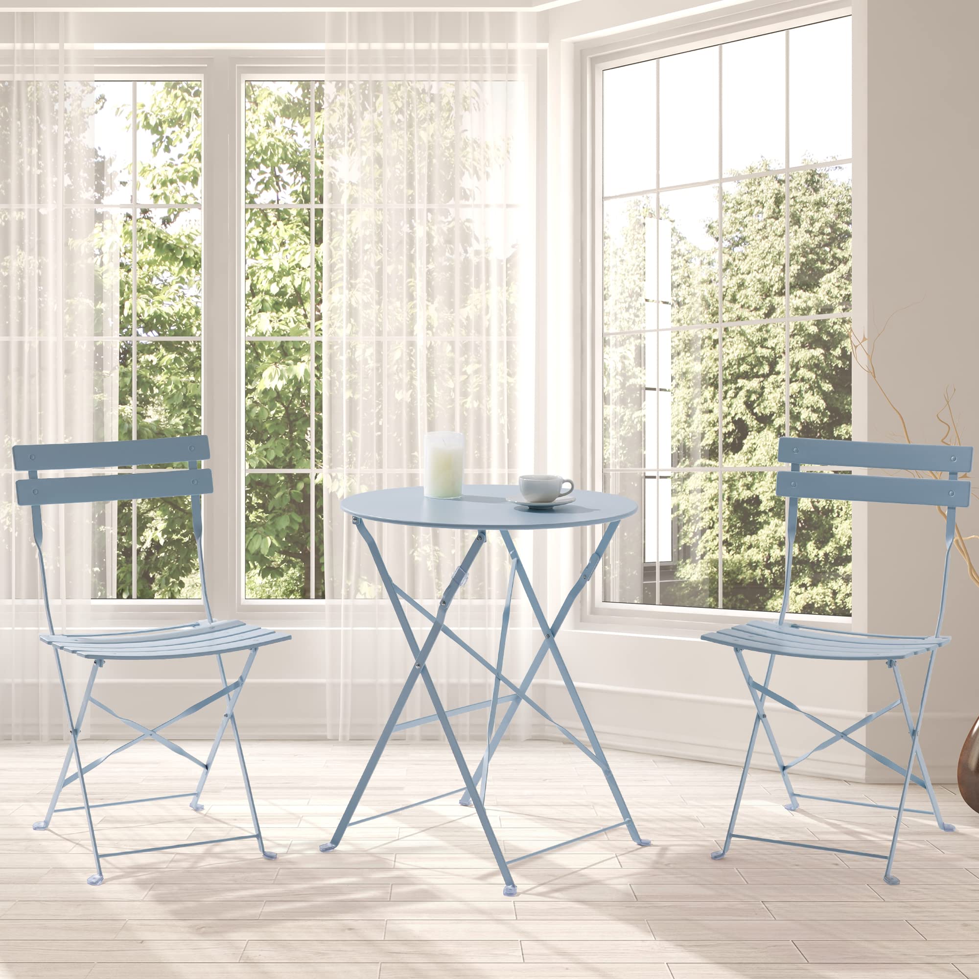 SANLUCE 3-Piece Patio Furniture Set - Acapulco Chair with Glass Top Table & 2 Chairs, Indoor Outdoor Seating Set in Lake Blue - Perfect for Backyard, Garden, Poolside & Patio Relaxation