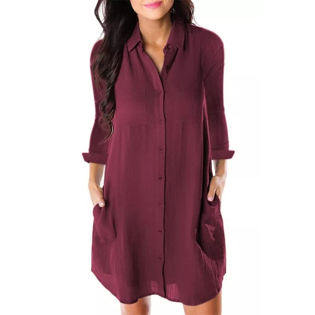 DKJGH Women's Casual Loose Long Sleeve Shirt Dress with Pocket - Solid Red Plus Size 2XL - Perfect for Work, Weekend Outings & Spring Layering