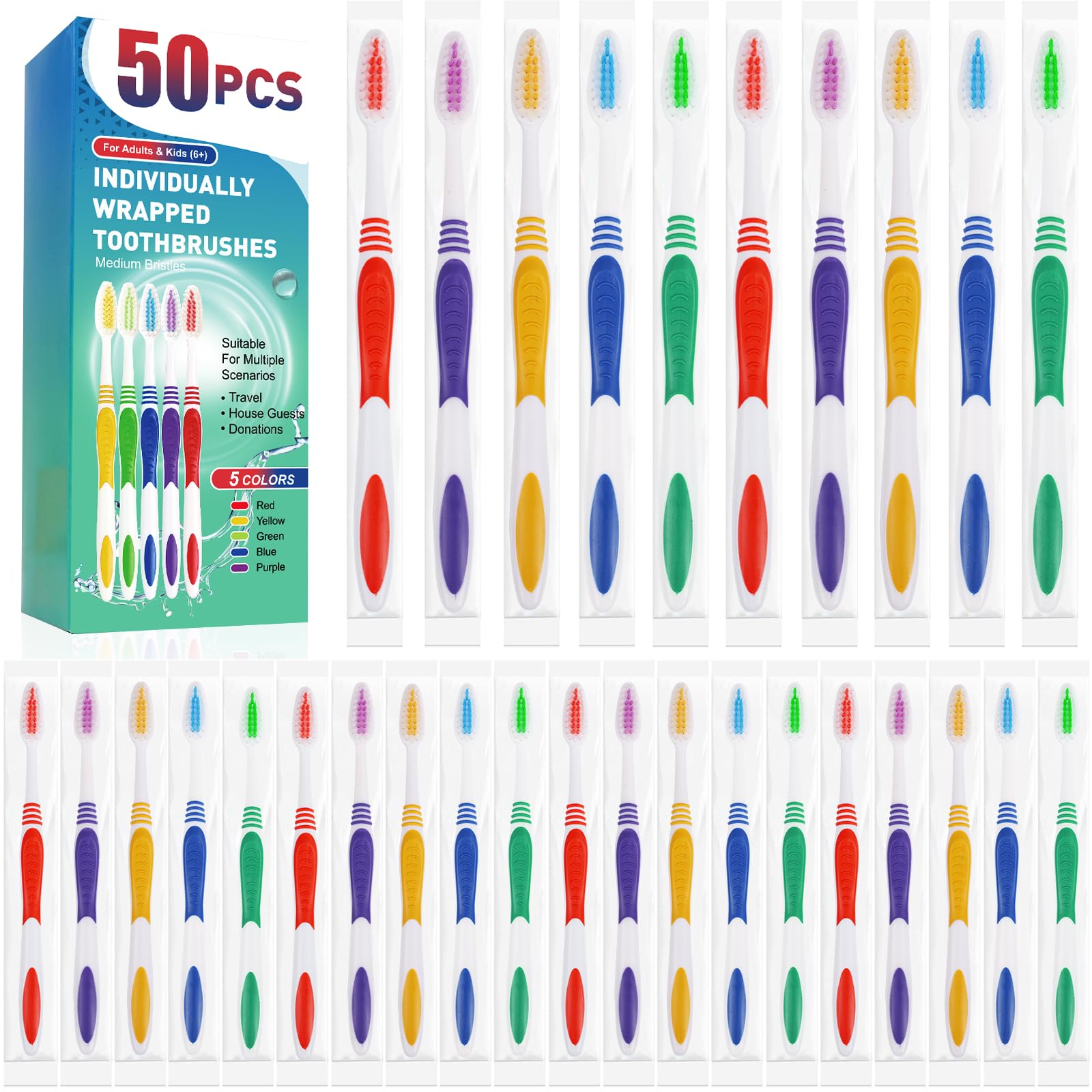 50 Pack Individually Wrapped Disposable Toothbrushes - Soft Bristles for Adults & Kids - Ergonomic Handle - Perfect for Travel, Hotels, Donations, Camping & Emergency Kits