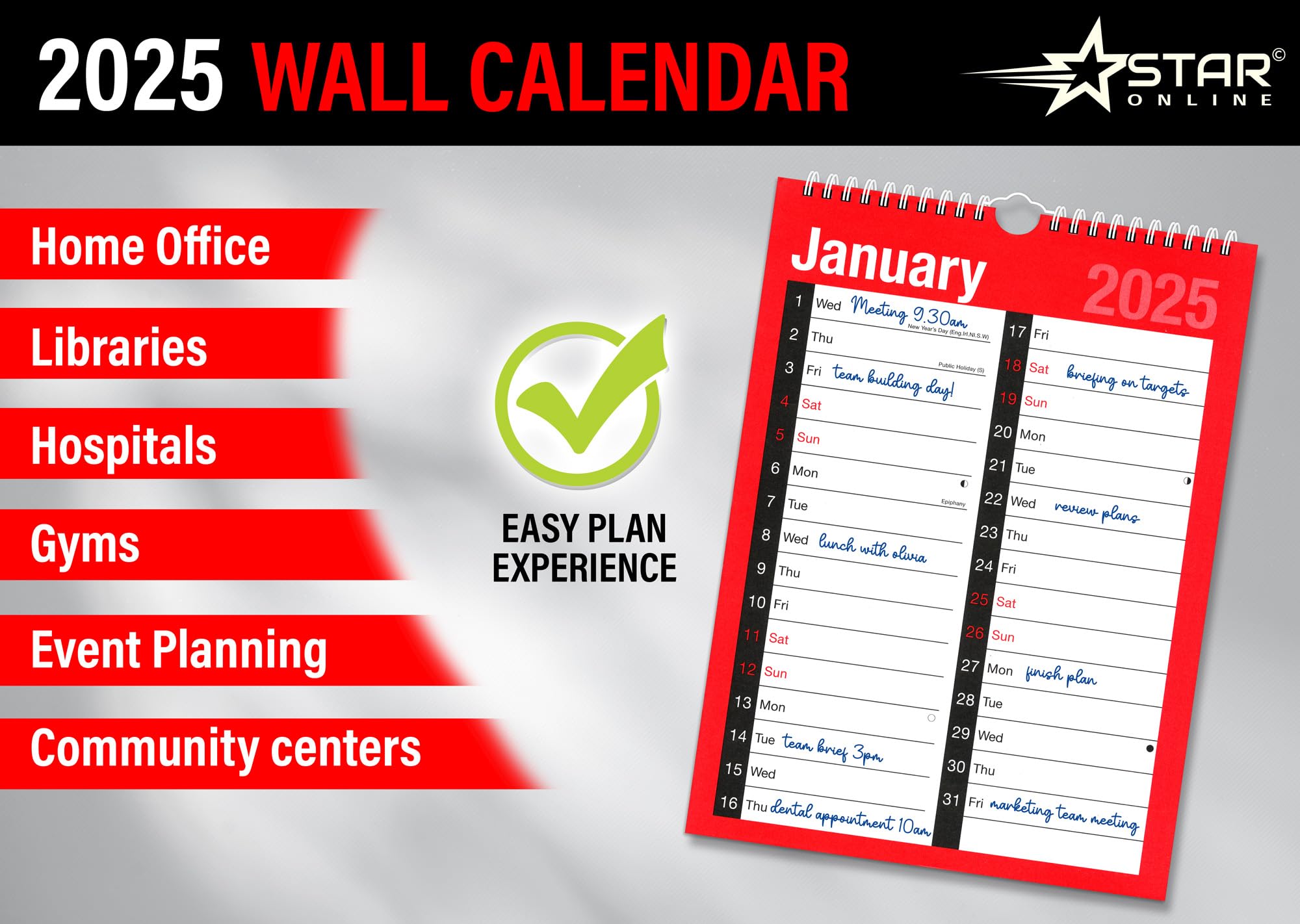 2025 Spiral Bound Wall Calendar Planner - Large A4 Size, 2-Column Monthly View, 120 GSM Thick Paper - Perfect for Home, Office & School Organization