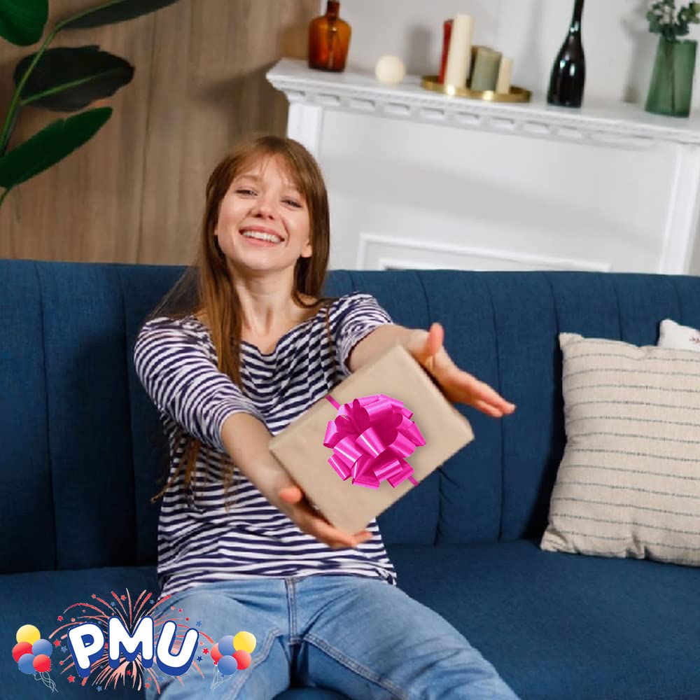 PMU Pom-Pom Pull-Apart Bows - 5 Inch 20 Loops Hot Pink Ribbon Bows (50/pkg) for Wedding Decorations, Birthday Parties, Anniversary Gifts, Flower Arrangements, Basket Decor & Present Wrapping - Perfect for DIY Crafts, Party Favors and Festive Home Decor