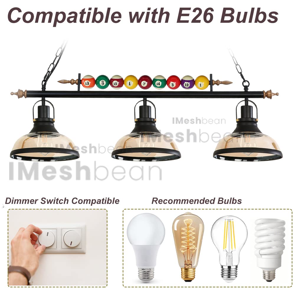 iMeshbean Pool Table Light - 7' to 8' Billiard Table Lighting Fixture with 3 Lamp Shades, Real Billiard Ball Design for Game Rooms, Bars & Cafes - Perfect for Kitchen Islands & Home Entertainment Spaces