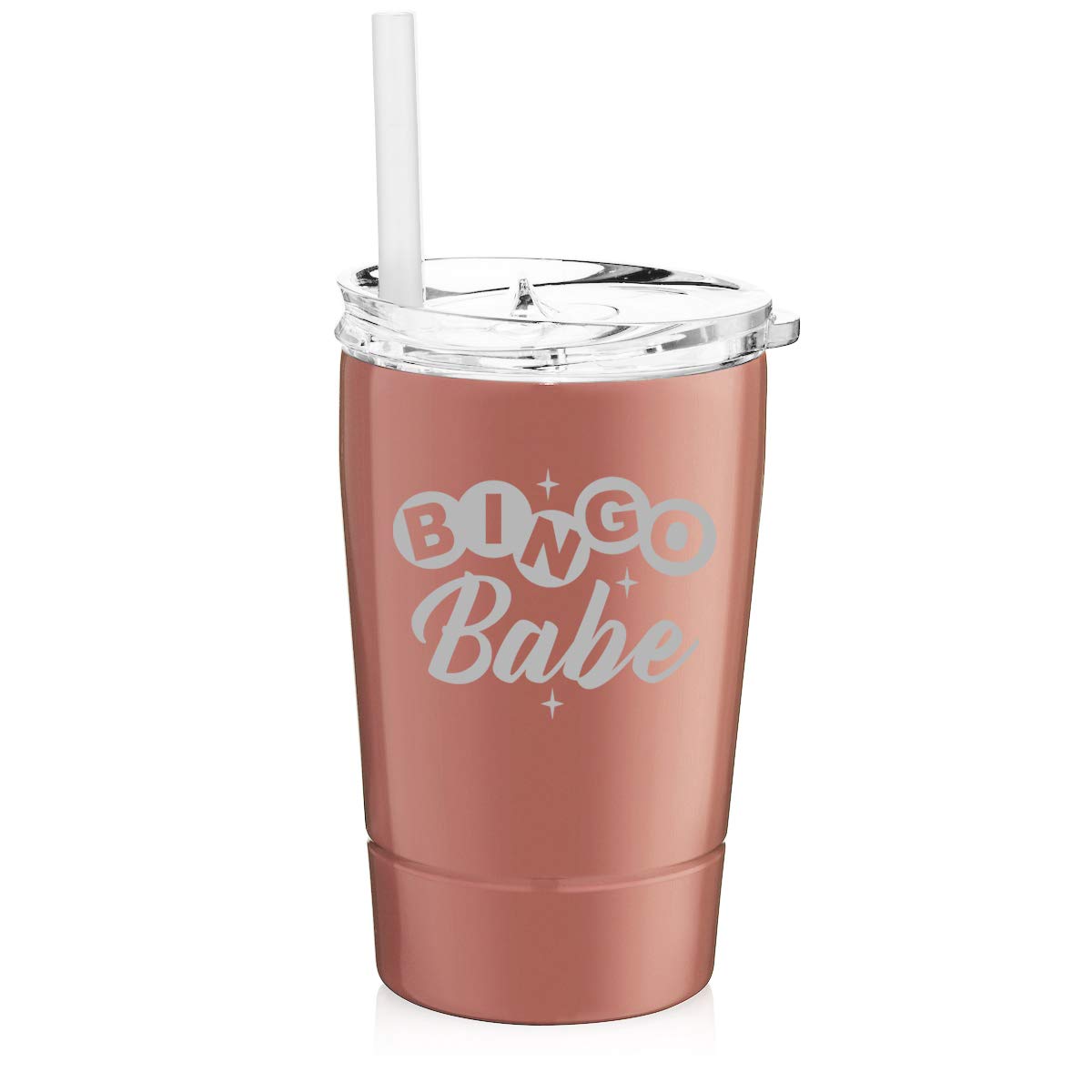 12 oz Stainless Steel Vacuum Insulated Tumbler with Straw - Double Wall Thermal Coffee Travel Mug for Hot & Cold Drinks - Rose Gold (Bingo Babe) - Perfect for Office, Gym, Hiking & Outdoor Activities