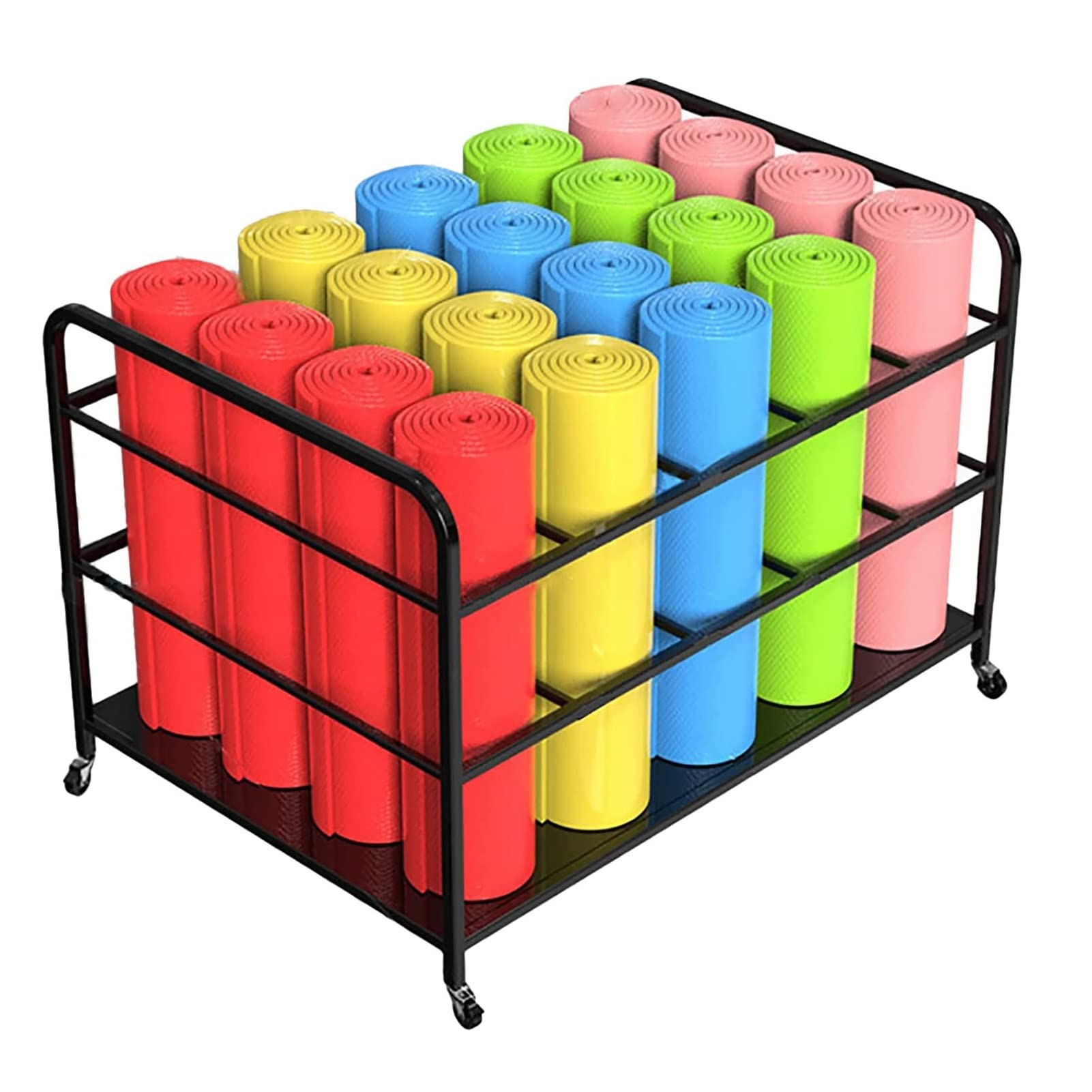 YLLFFLL Large Yoga Mat Storage Cart with Wheels - Heavy Duty Metal Floor Yoga Mat Holder Basket & Gym Foam Roller Organizer - Holds 20 Exercise Mats for Yoga Studios, Gyms & Home Workouts (Black)