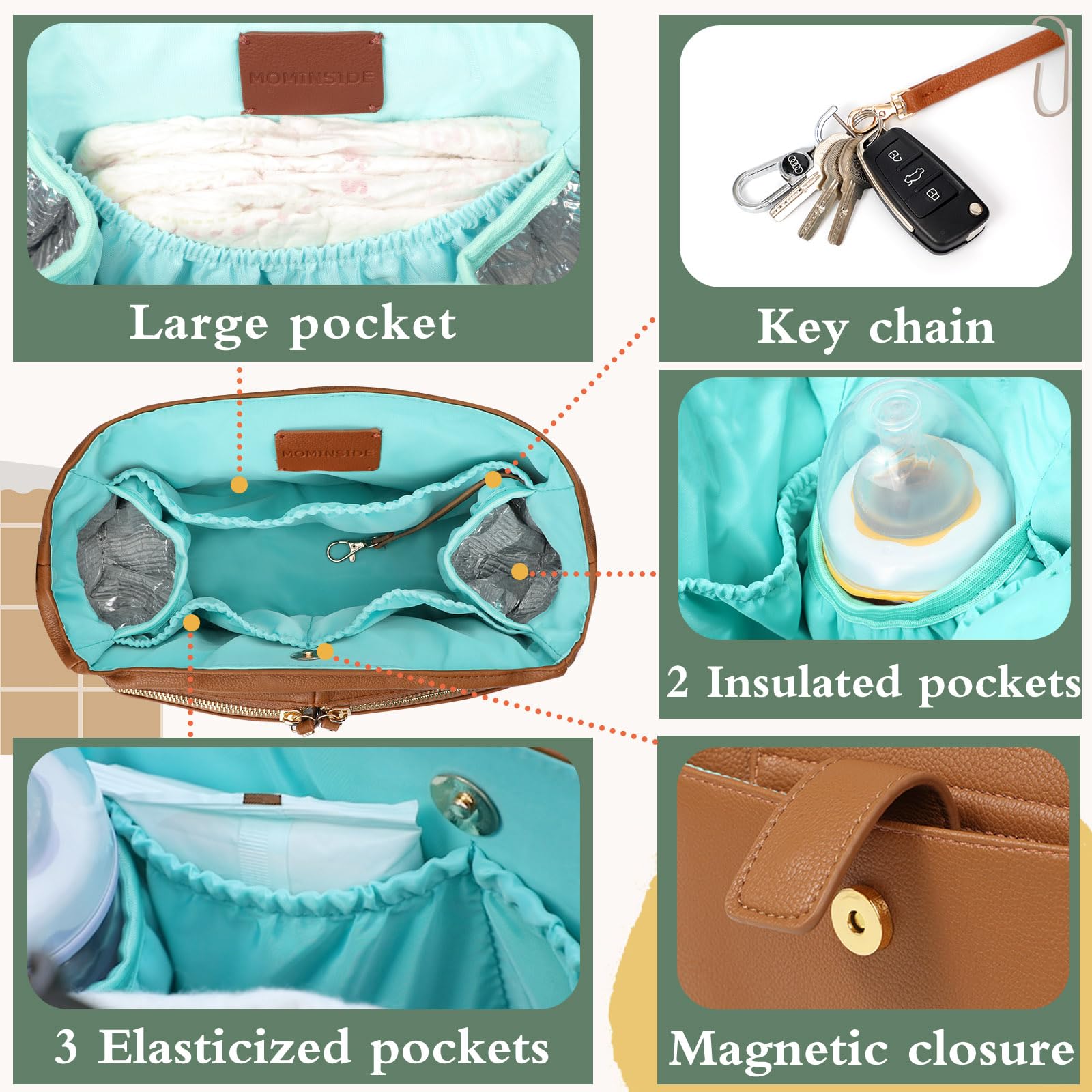 MOMINSIDE Leather Diaper Bag Backpack - Large Waterproof Baby Tote with Insulated Cup Holders & Stroller Organizer for Moms & Dads - Perfect for Travel, Daycare & Family Outings (Brown)