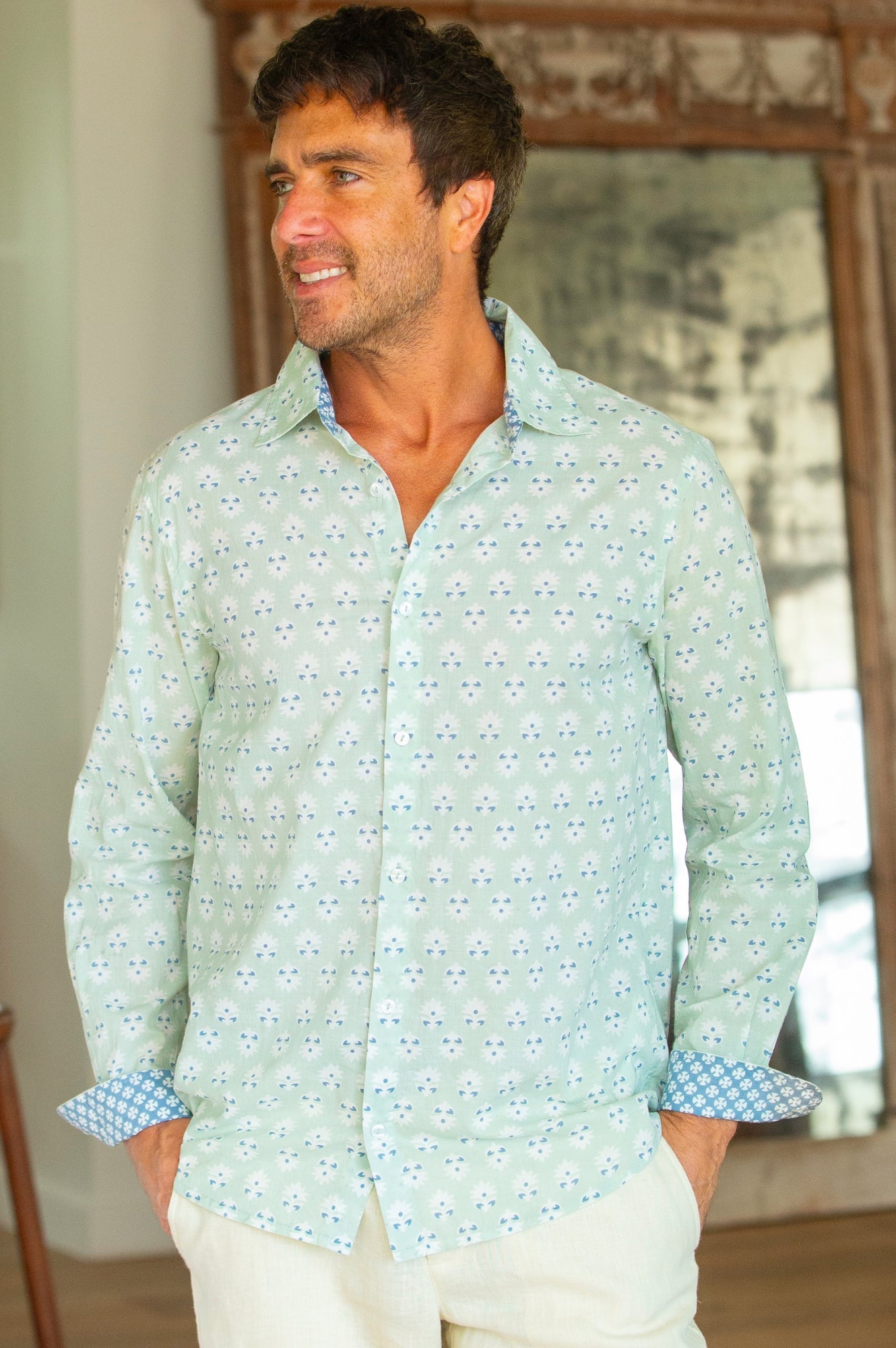 Organic Cotton Men's Shirt - Breathable Mini Sunflower Mint & White Casual T-Shirt for Summer Outfits, Beach Wear & Daily Comfort
