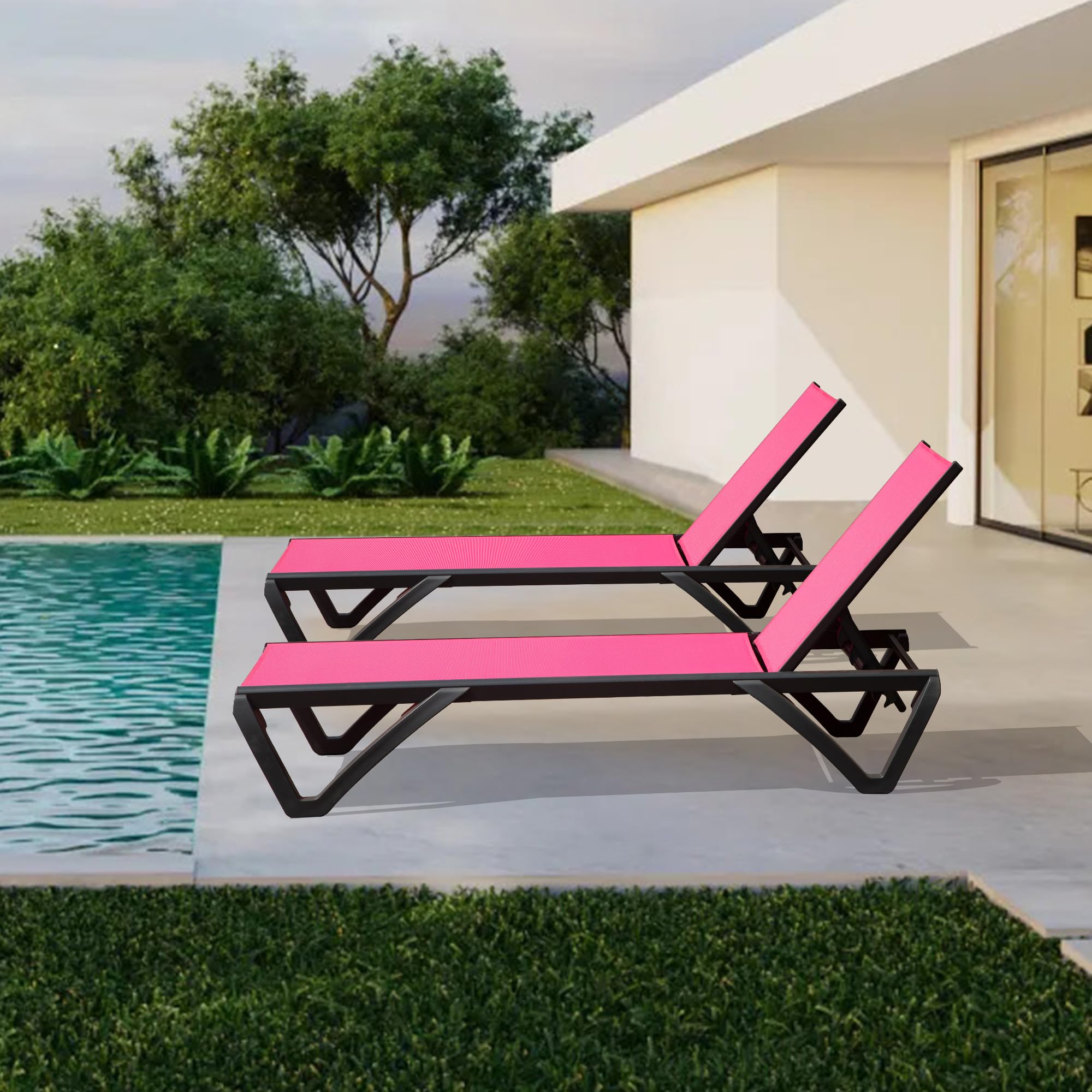 **Domi Pool Lounge Chairs Set of 2, Adjustable Aluminum Patio Chaise Lounge with Wheels - 5-Position Reclining, All-Weather Outdoor Furniture for Beach, Yard, Balcony & Poolside (Pink) - Perfect for Sunbathing, Relaxing & Outdoor Lounging**