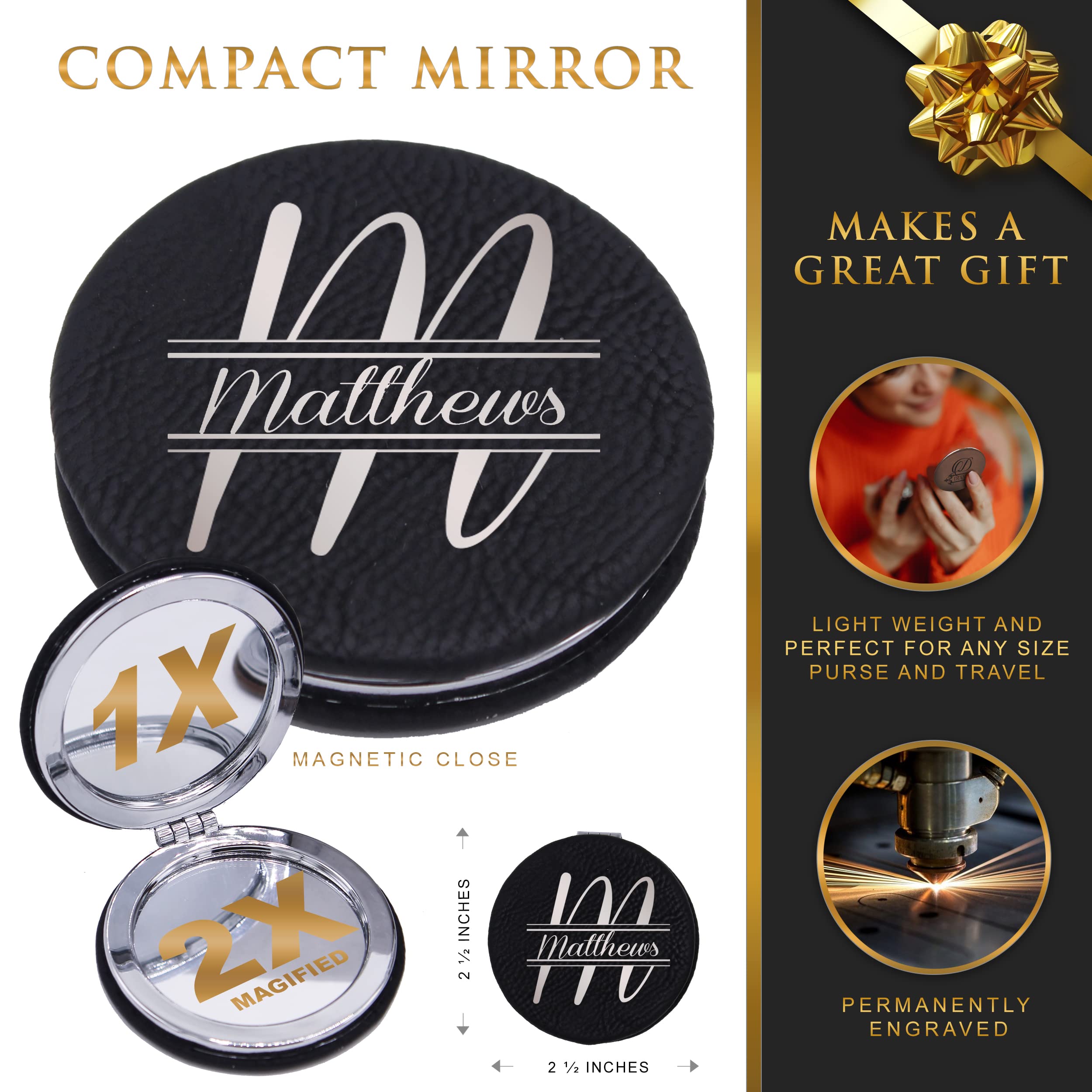 Custom Compact Mirror for Travel & Makeup - Double-Sided Magnification (Black) - Perfect for On-the-Go Touch Ups