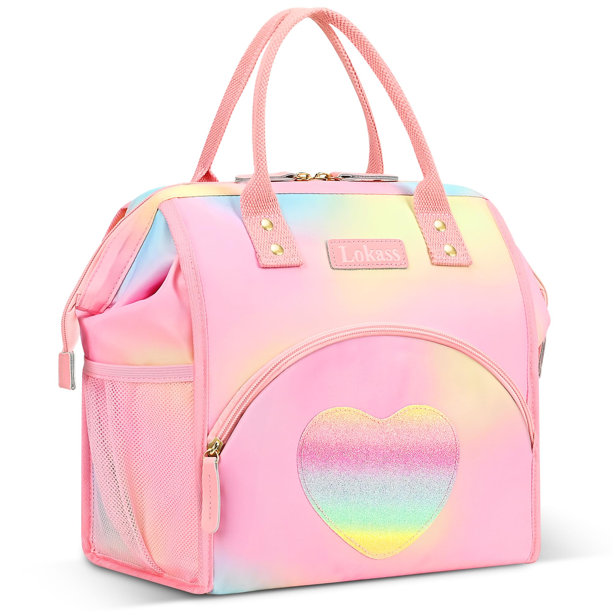 LOKASS Insulated Lunch Bag for Women & Adults - Large Wide-Open Thermal Lunch Box with Drinks Holder, Durable Picnic & Beach Tote - Heart Colorful Design - Perfect for Work, Hiking, School & Outdoor Activities