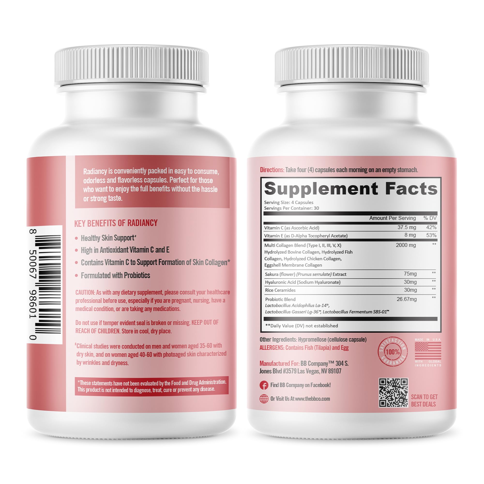 BB Company Radiancy | Vaginal Probiotics for Vaginal Dryness & pH Balance | Supports Intimate Health, Reduces Itch & Odor | Anti-Aging Formula with Hyaluronic Acid, Probiotics, Vitamin C & Multi Collagen | 120 Capsules | For Women's Daily Wellness & Intimate Care