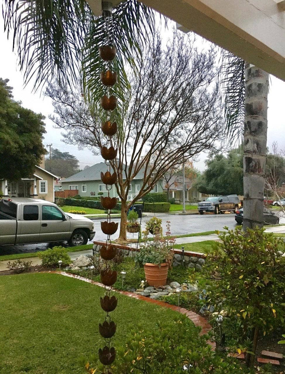 Lily Cup Rain Chain - Decorative Copper Rainwater Downspout for Garden & Patio - Flamed Finish for Rustic Outdoor Decor