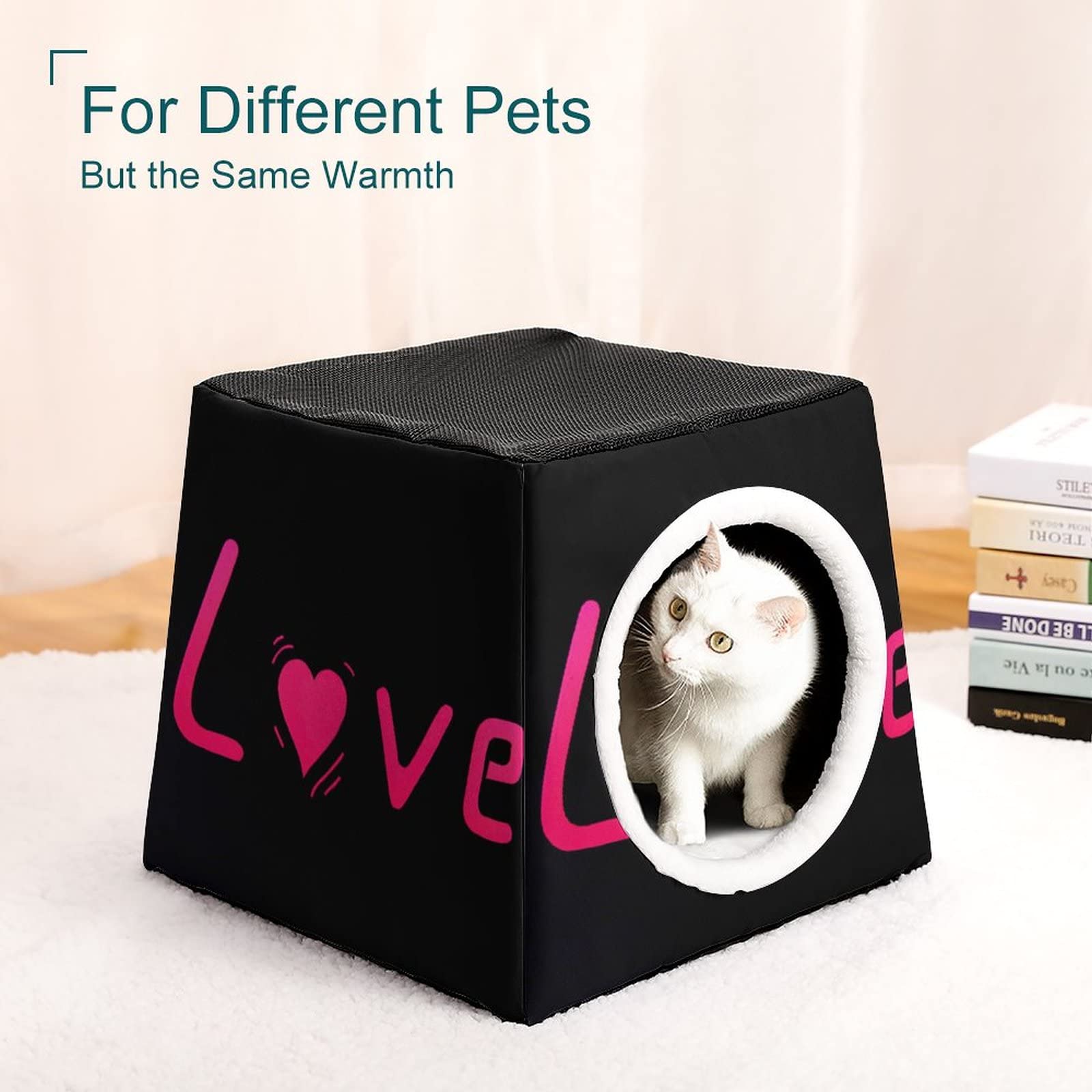 3-in-1 Cat House Bed & Sofa - Printed Kitty Cube Shelter for Indoor/Outdoor Use - Heart Pink Design - Perfect for Living Room, Patio or Garden Cat Nap Spot
