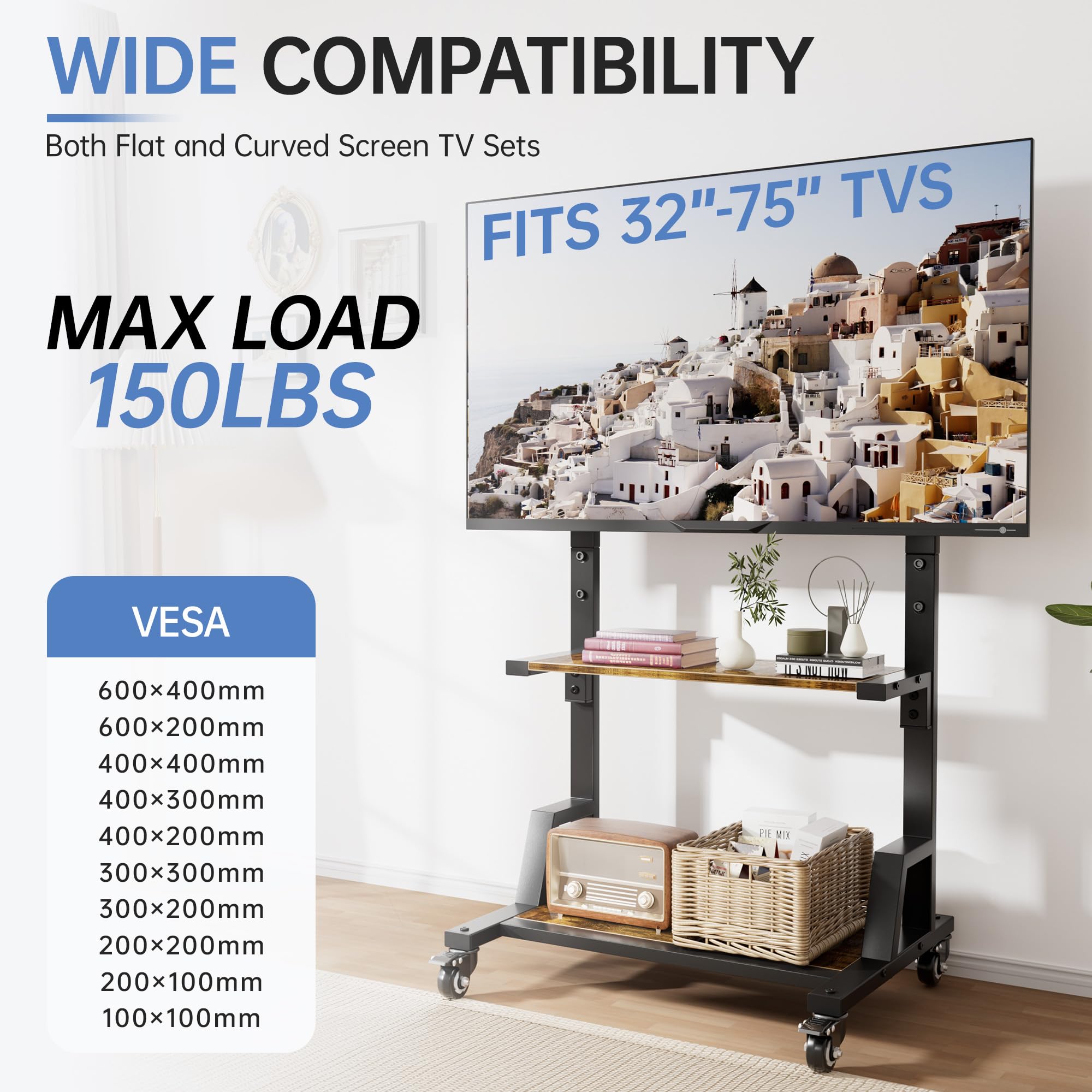 Heavy-Duty Rolling TV Stand with Large Storage - Mobile TV Cart for 32-75 Inch TVs (Max VESA 600x400mm, 150 lbs Capacity) - Adjustable Height TV Stand for Living Room, Bedroom, Office & Outdoor Use - Rustic Brown Finish
