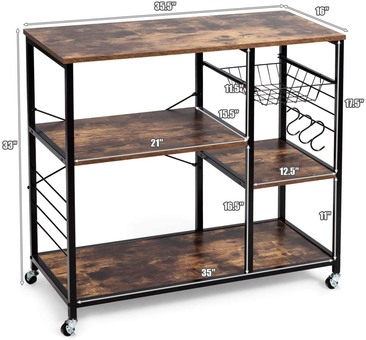 LDAILY Microwave Oven Stand with Lockable Wheels - Industrial Kitchen Baker's Rack, Utility Storage Shelf with Hooks & Basket - Sturdy Metal Frame, Easy Assembly (Brown) - Perfect for Small Kitchens, Apartments & Dorm Rooms