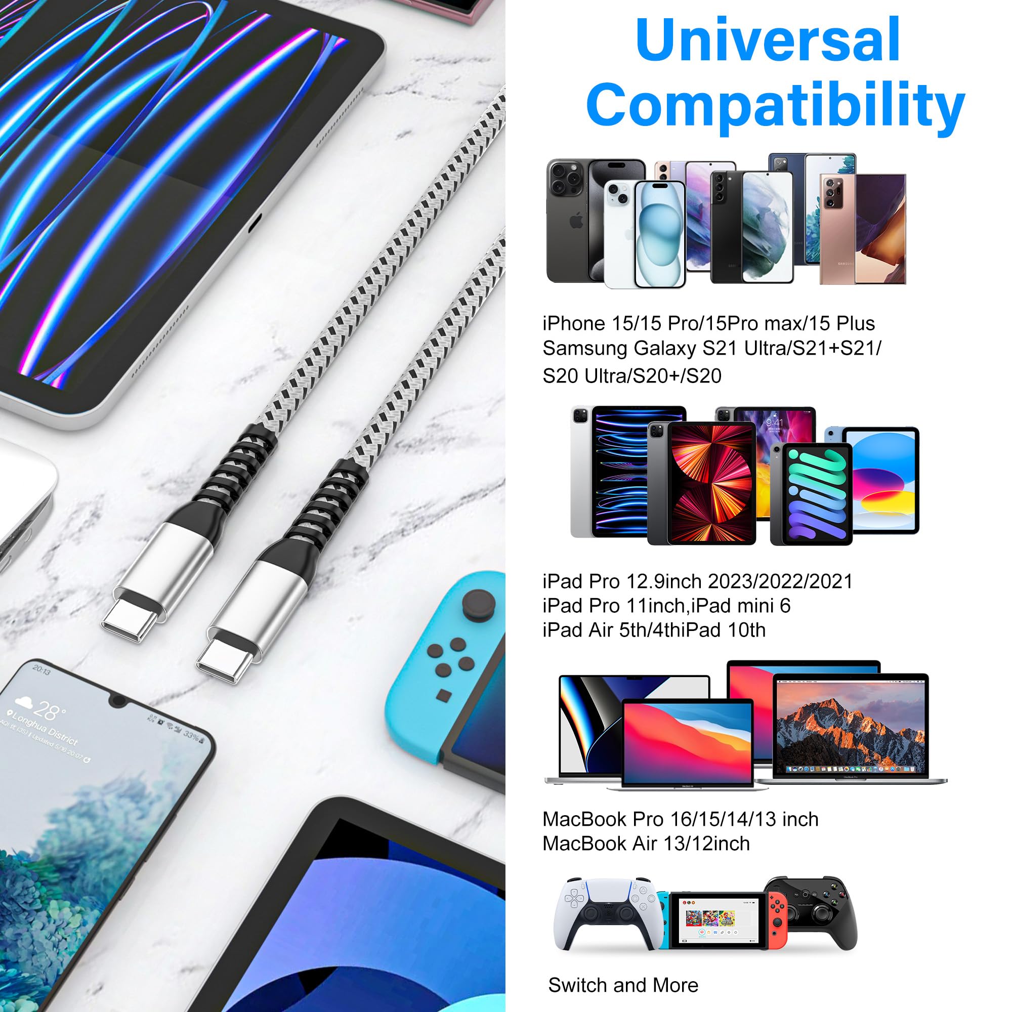 3-Pack 3ft USB C to USB C Fast Charging Cable 60W - Compatible with iPhone 16/15 Pro Max Plus, MacBook Air/Pro, iPad Pro 12.9/11, Samsung Galaxy S23/22/21/20/Note - Perfect for Home, Office & Travel Charging